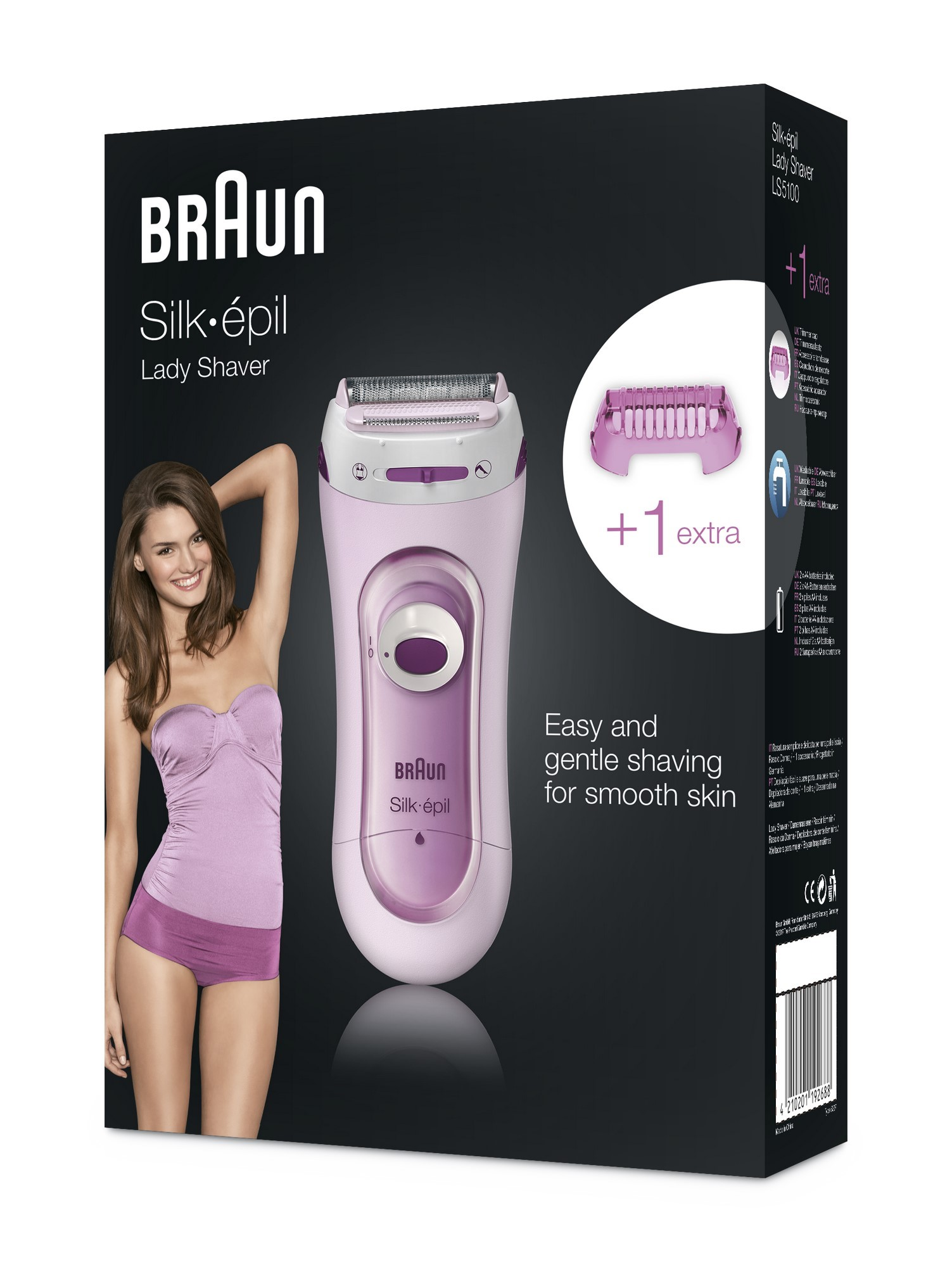 Doos met Braun Silk-épil damesladyshave. Een vrouw poseert naast de doos. Een extra kop wordt op de doos getoond.