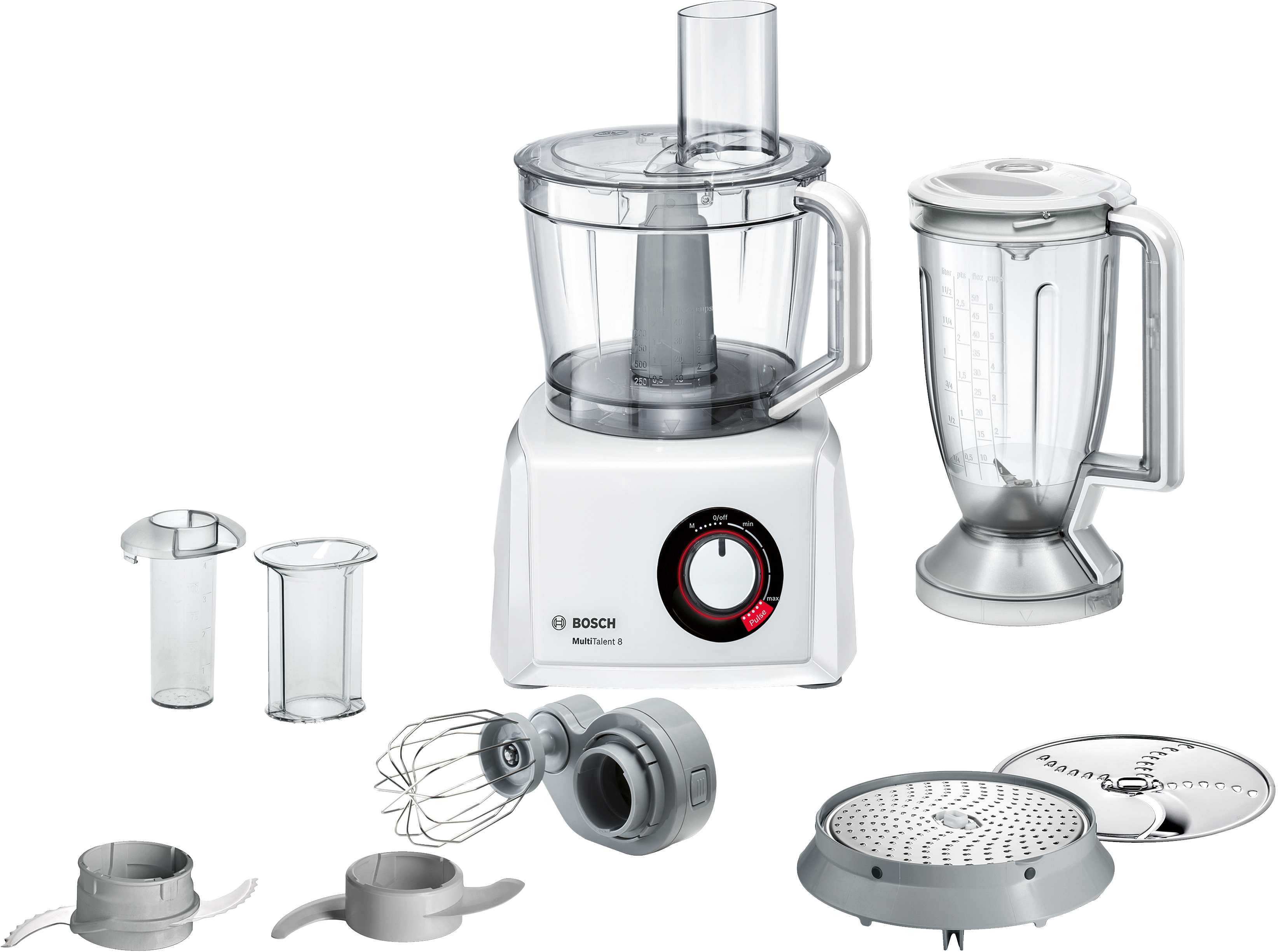 White food processor with multiple attachments, including a blender and various cutting blades.