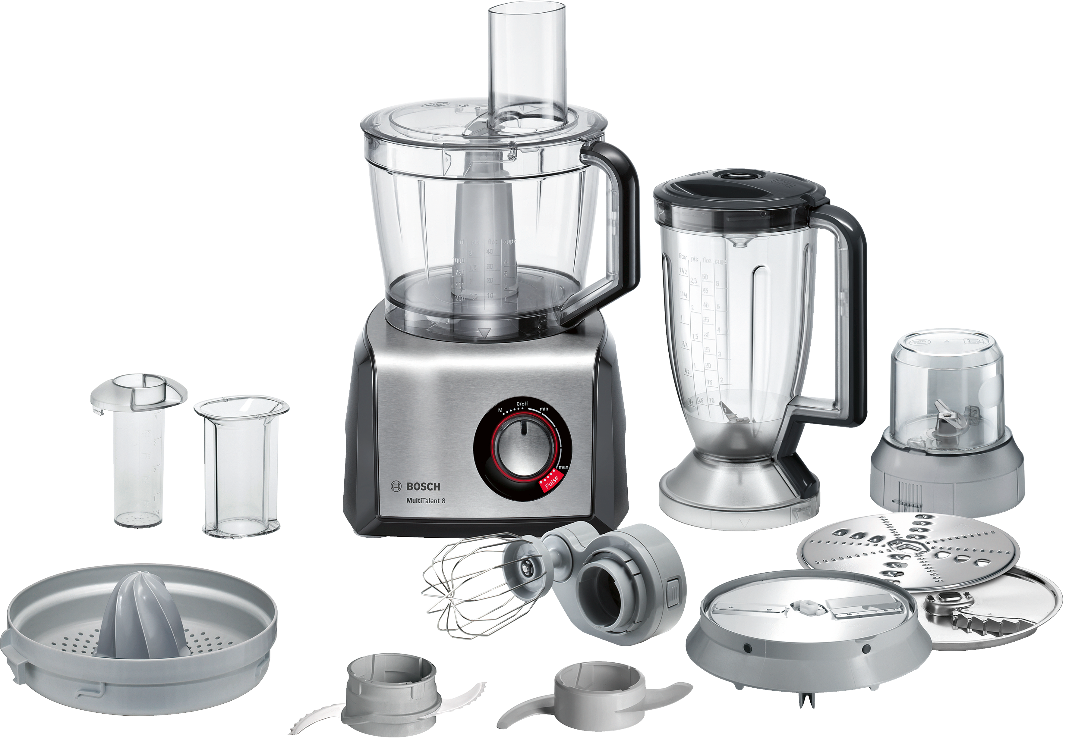 Un robot culinaire Bosch avec divers accessoires sur fond blanc. Principalement argenté et transparent.