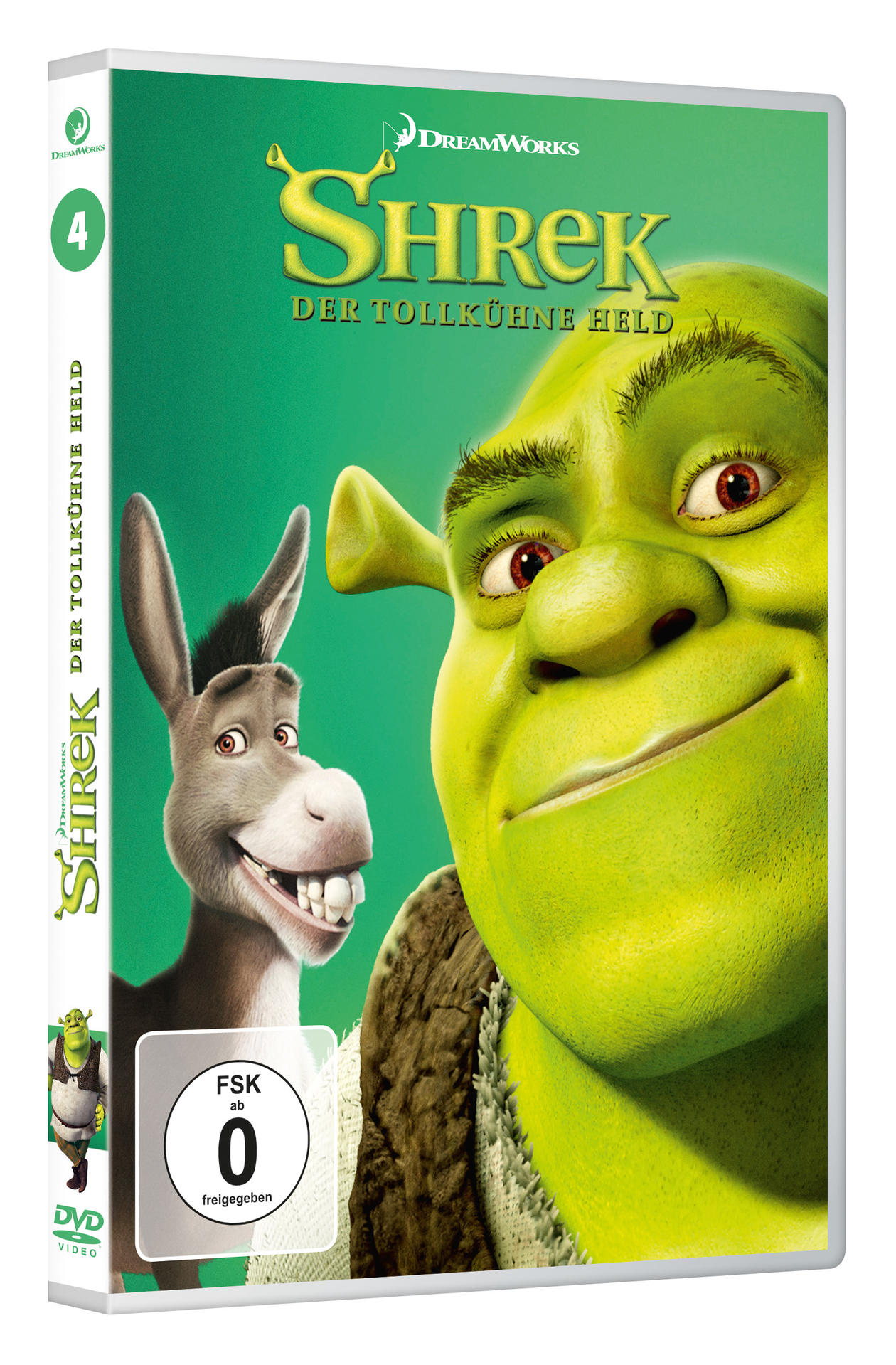 Shrek DVD-Hülle mit Esel, der neben Shreks Gesicht lächelt.