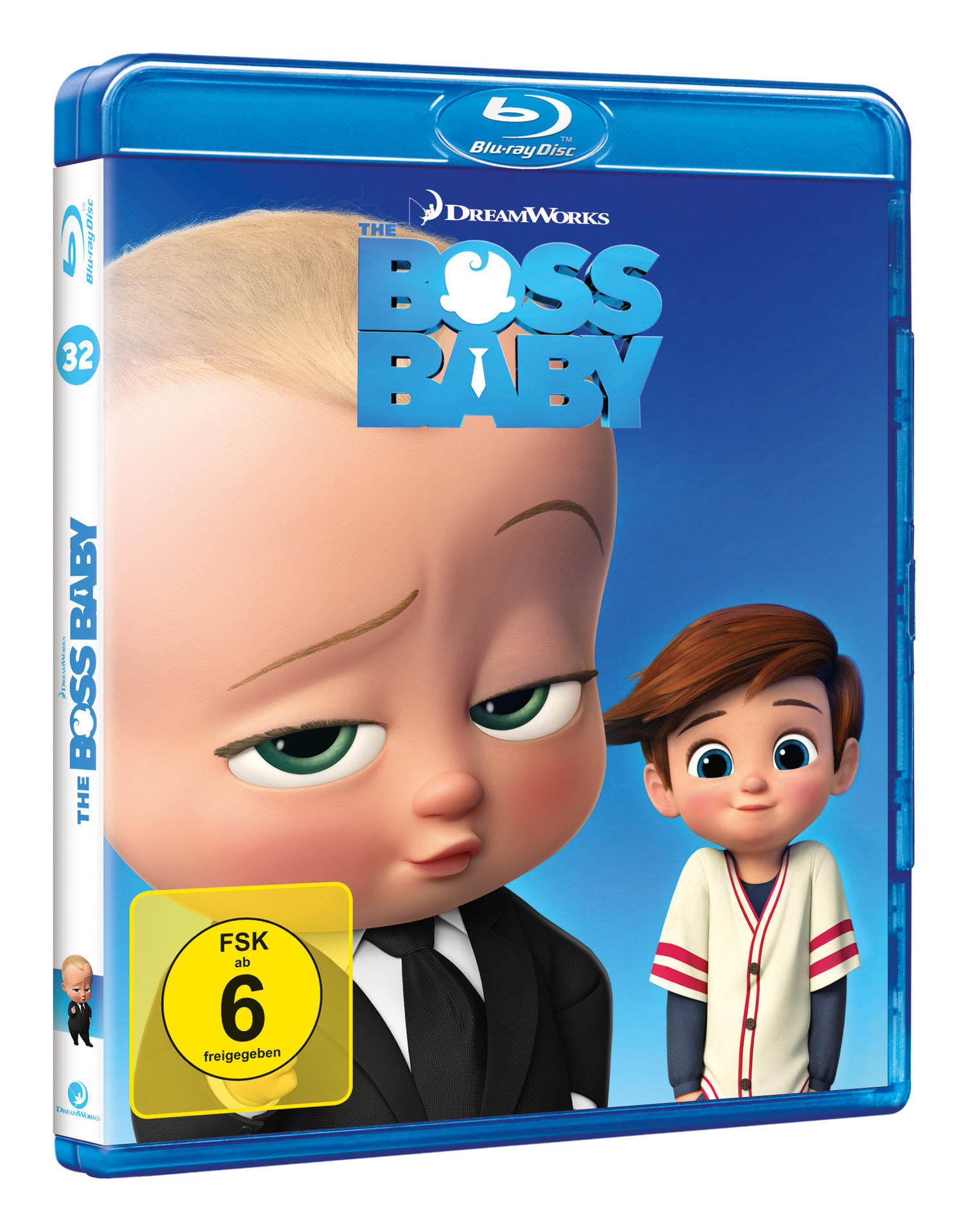 Blu-ray-Hülle: Boss Baby-Cartoon mit Baby und Junge auf dem Cover. Der Hintergrund ist blau.