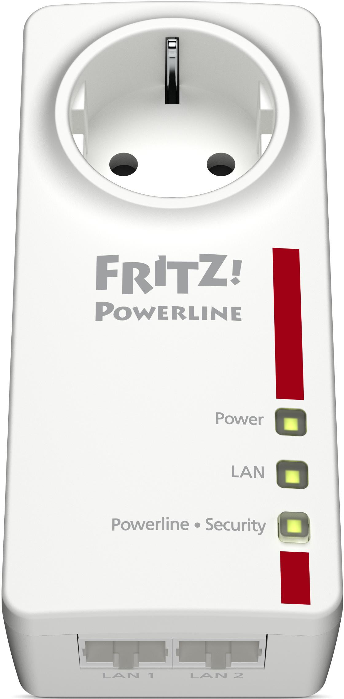 Adaptateur CPL blanc avec voyants d'alimentation, LAN et sécurité, et deux ports LAN.