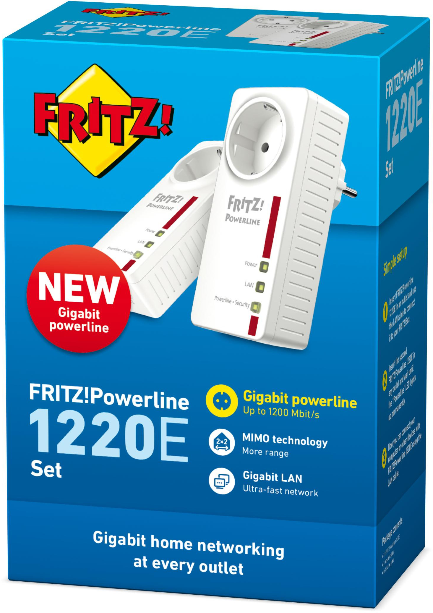 Boîte du kit Fritz!Powerline 1220E. Adaptateurs CPL blancs, boîte bleue avec texte et graphiques.