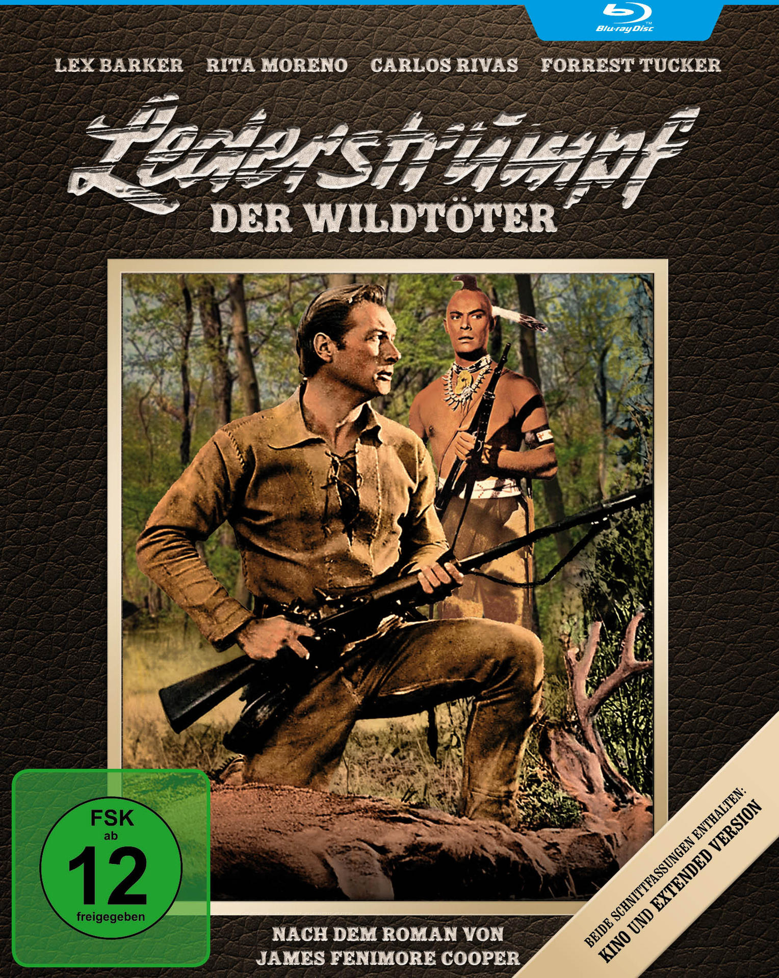 Blu-ray-Cover: Ein Mann im Wald, der ein Gewehr hält, mit einem Indianer. Text: Der Wildtöter.