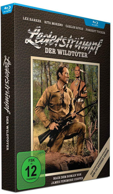 Eine Blu-ray-Hülle für den Film 'Lederstrumpf'. Sie zeigt einen Mann mit einem Gewehr.