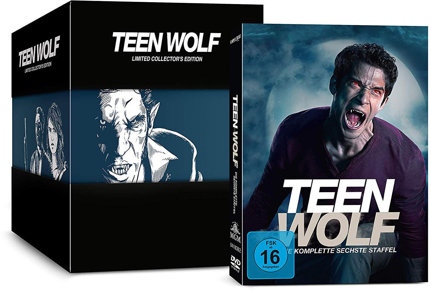Teen Wolf DVD-Box-Set. Bilder von Charakteren und Titel in Weiß.