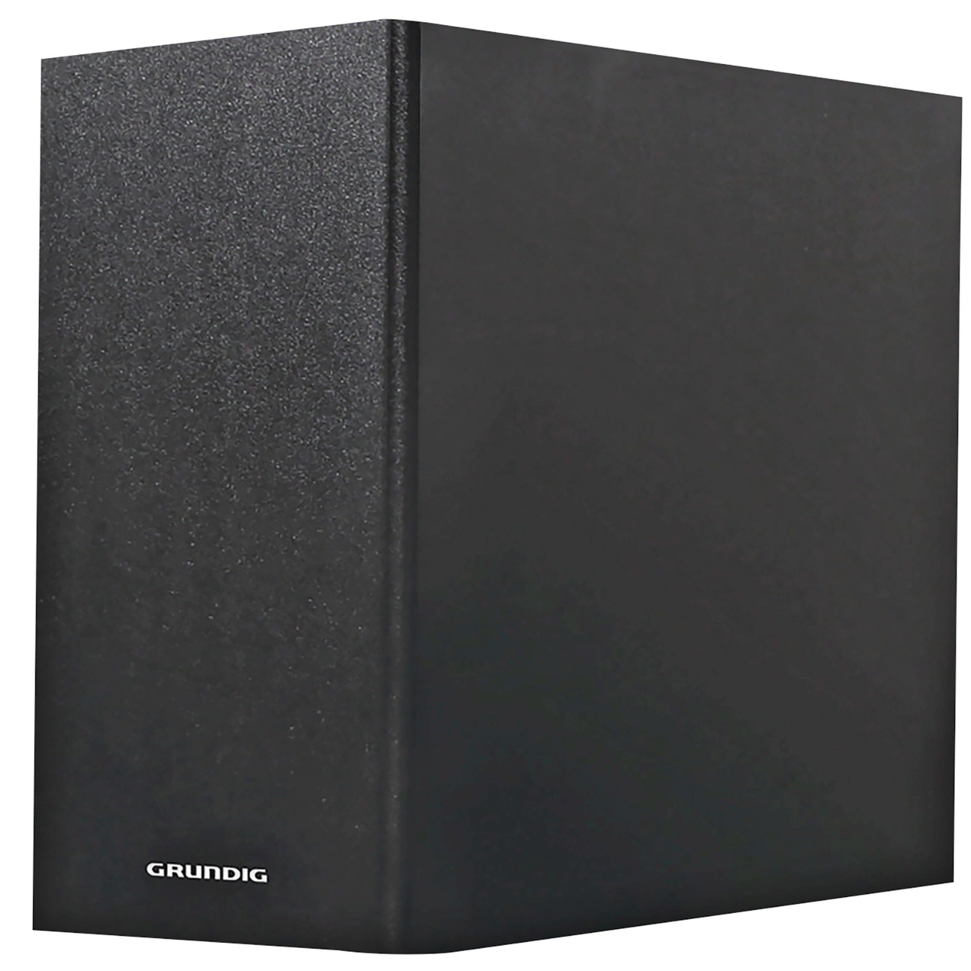 Eine schwarze rechteckige Box. Der Markenname GRUNDIG ist unten links aufgedruckt.