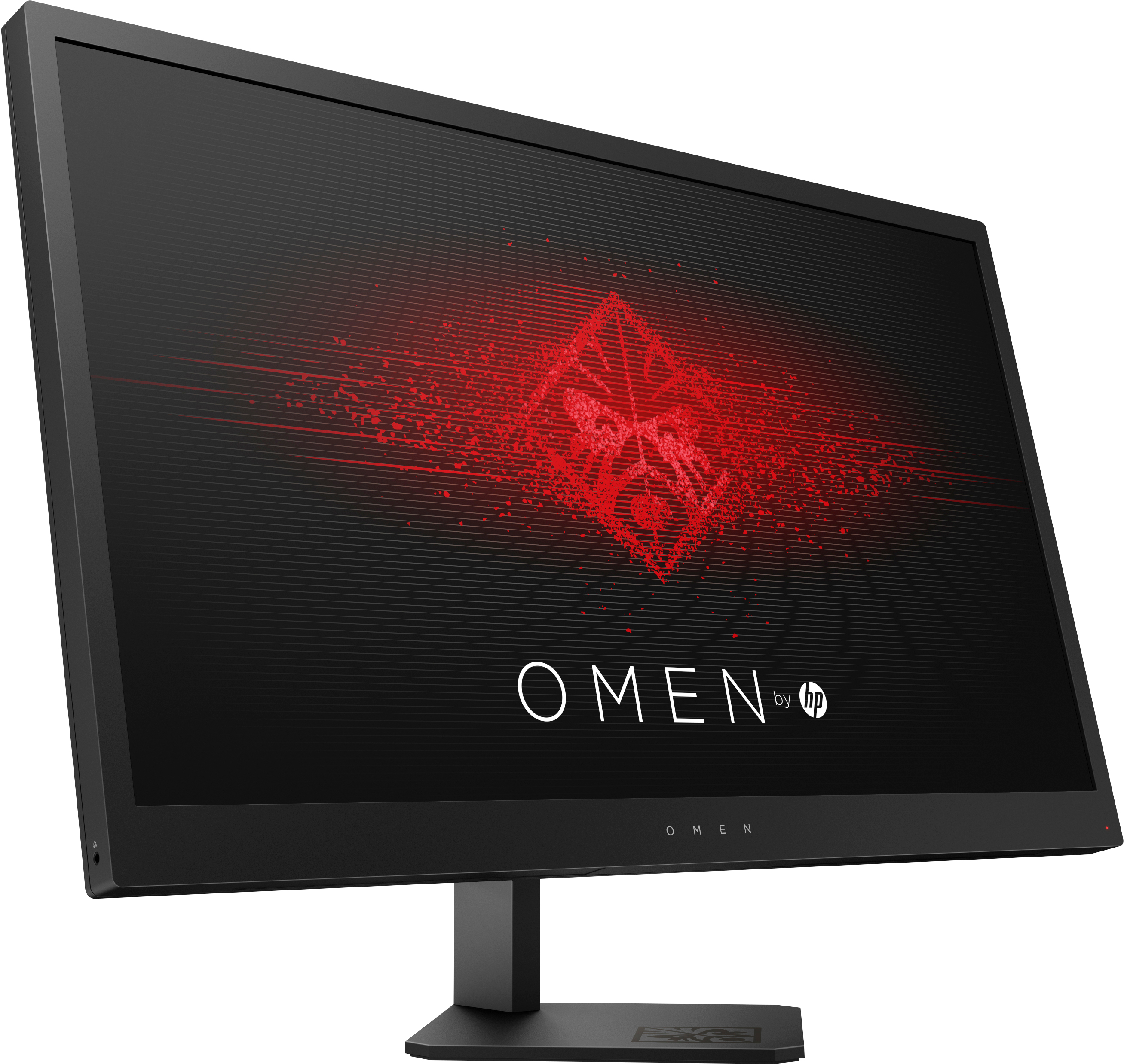 Un monitor de computadora negro con el logotipo OMEN en un soporte negro. Diseño rojo en la pantalla.