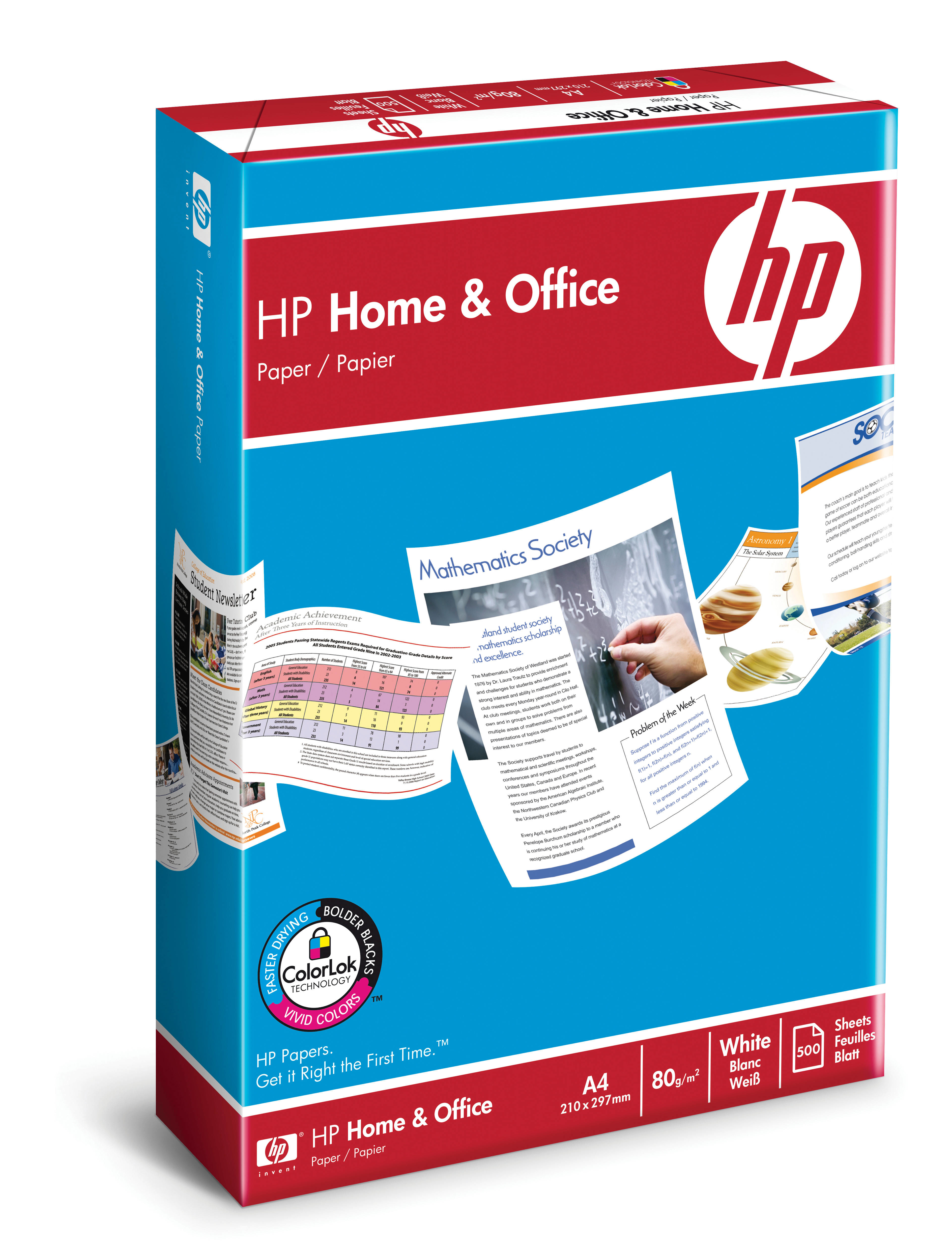Una scatola di carta HP Home & Office. La scatola è blu e rossa con immagini di fogli stampati.