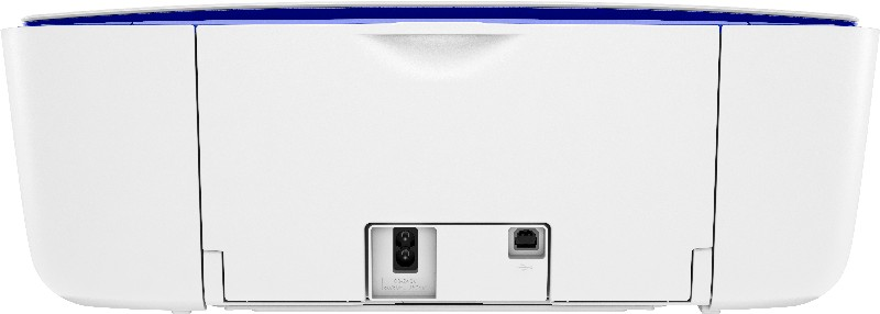 Vista trasera de una impresora blanca con un acento azul, puertos de alimentación y USB.