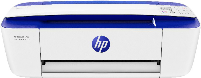 Impresora HP Deskjet blanca y azul con logo HP, botones arriba y bandeja de papel.