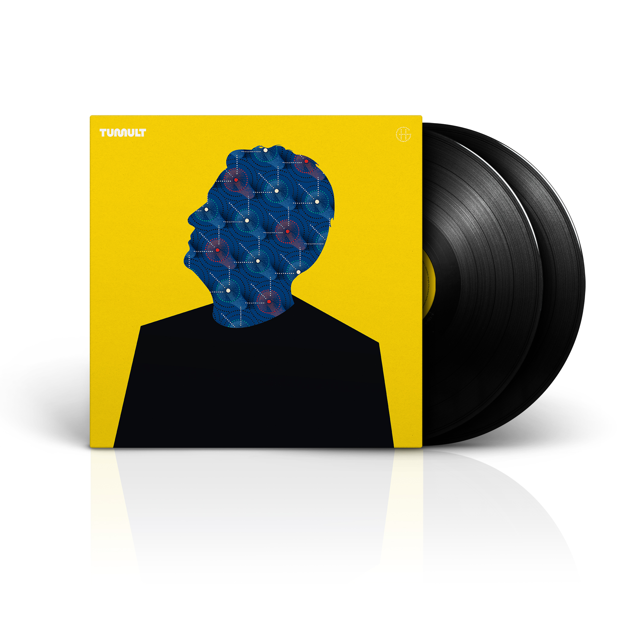 Albumcover mit gelbem Hintergrund, einer Silhouette eines Mannes und zwei schwarzen Schallplatten.