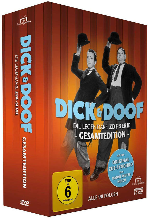 DVD-Box-Set von Dick & Doof, mit rotem Hintergrund und Bildern des Duos.
