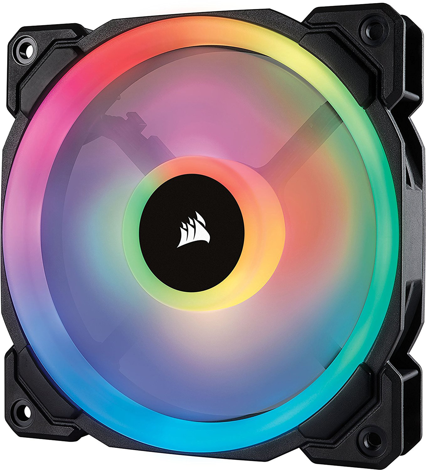 Corsair RGB PC-Lüfter, schwarzer Rahmen, mit einem farbenfrohen Regenbogenmuster, das von der Mitte ausgeht.