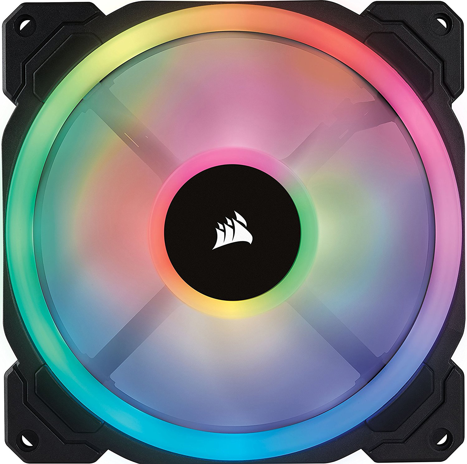 Computerlüfter mit RGB-Beleuchtung. Schwarzer Rahmen mit kreisförmigem Design. Mehrfarbige Lichter in der Mitte, mit Corsair-Logo.