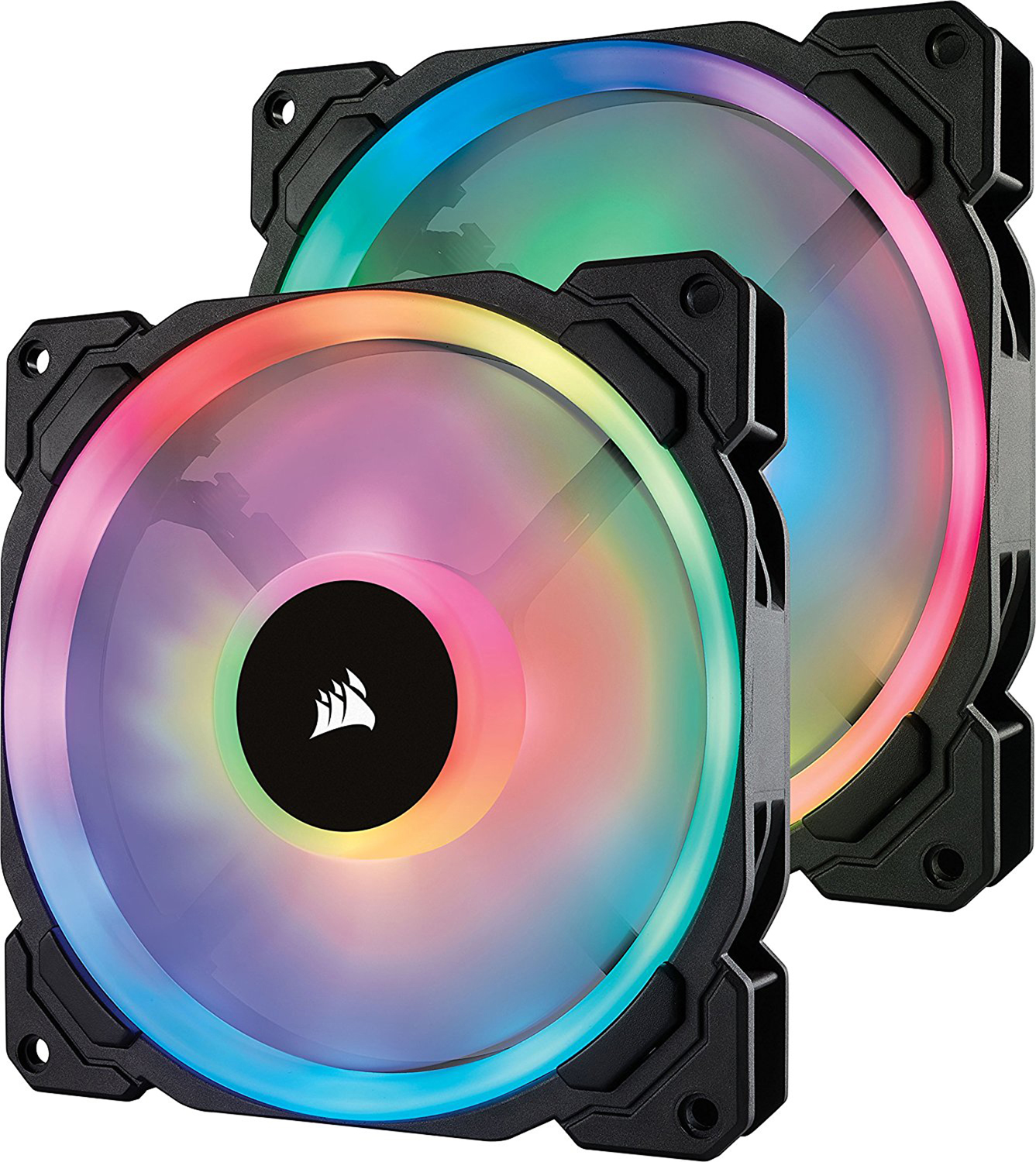 Zwei Computerlüfter mit RGB-Beleuchtung. Schwarze Rahmen und farbenfrohe Flügel.