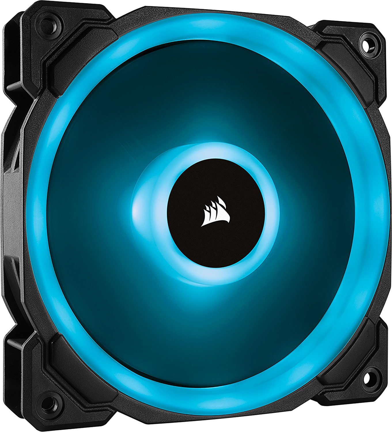 Schwarzer Computerlüfter mit blauem Licht. Schwarzer Rahmen, Corsair-Logo in der Mitte.