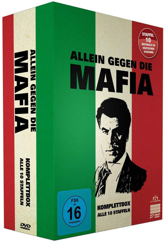 DVD-Box-Set: 'Allein gegen die Mafia' mit einem Männerbild, grün, rot & weiß.