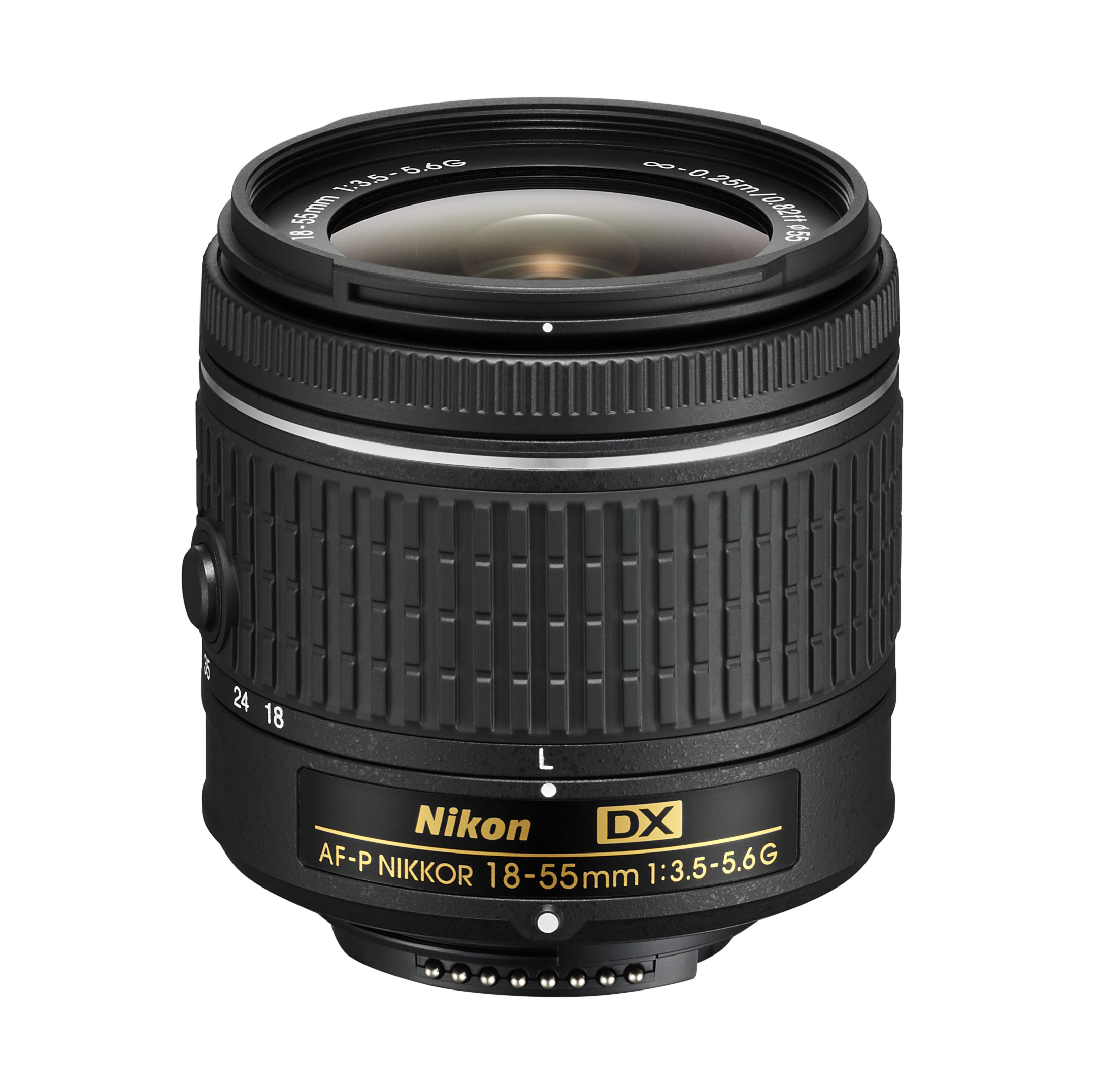 Ein schwarzes Kameraobjektiv mit Nikon- und DX-Markierungen.
