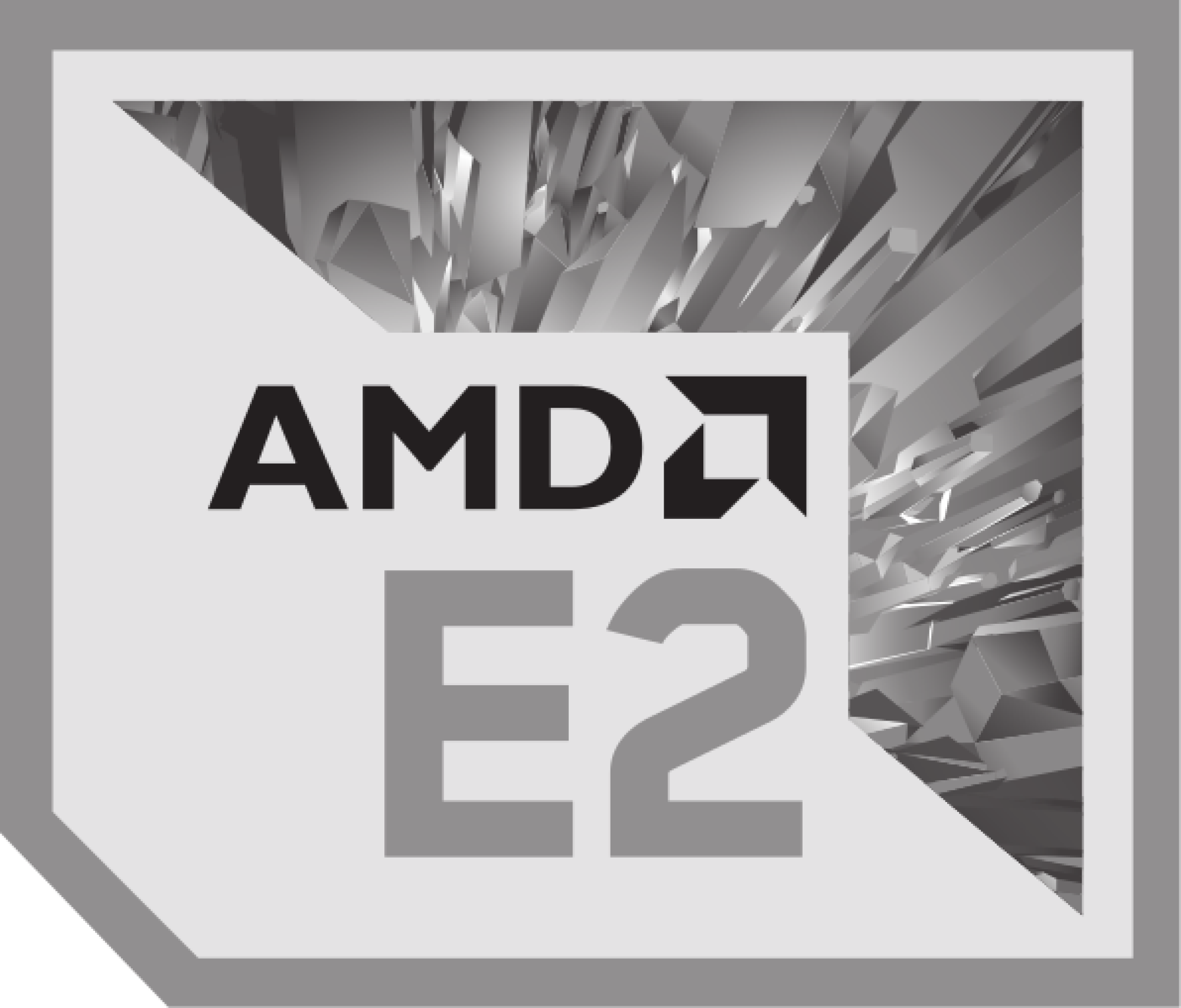 Logotipo AMD E2: logotipo de AMD sobre un fondo geométrico gris, texto E2.