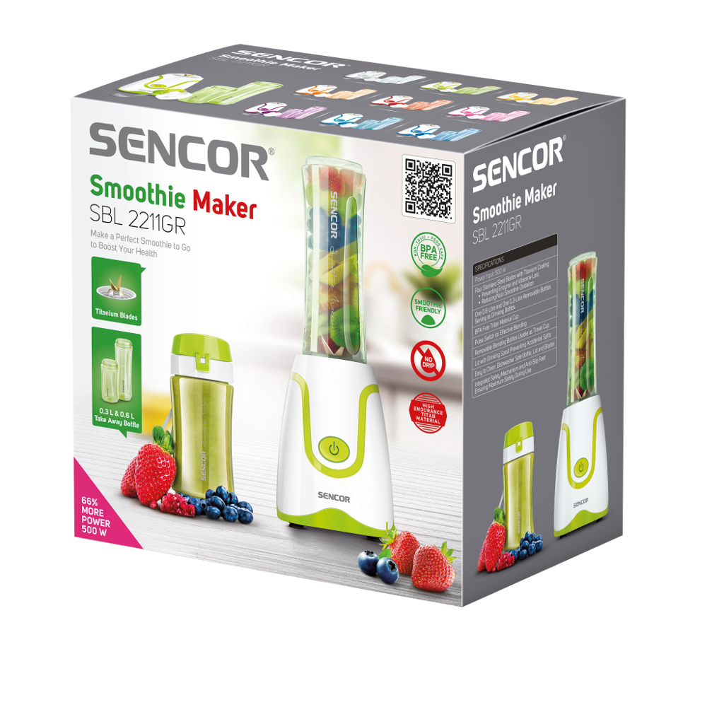 SENCOR turmixgép doboz, termékkel és kiegészítőkkel, gyümölcsökkel a jelenetben.