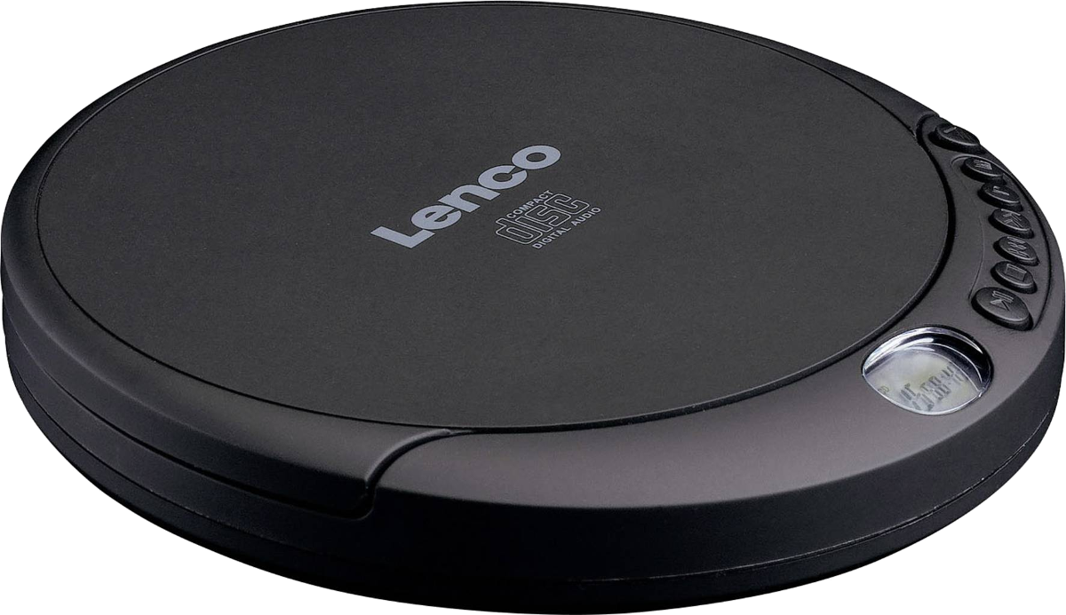 Lettore CD Lenco nero. Dispositivo circolare con pulsanti e un piccolo display.
