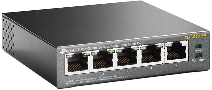 TP-Link 5-poorts Gigabit Desktop Switch. Zwarte doos, poorten en stroomindicatoren.