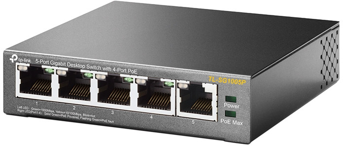 Een grijze TP-Link 5-poorts gigabit desktop switch met een zwart label en 5 ethernet poorten.