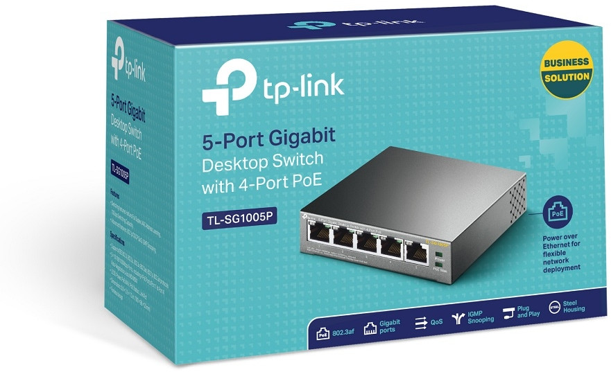 Doos van TP-Link 5-poorts Gigabit Desktop Switch met PoE, productdetails op de zijkant.