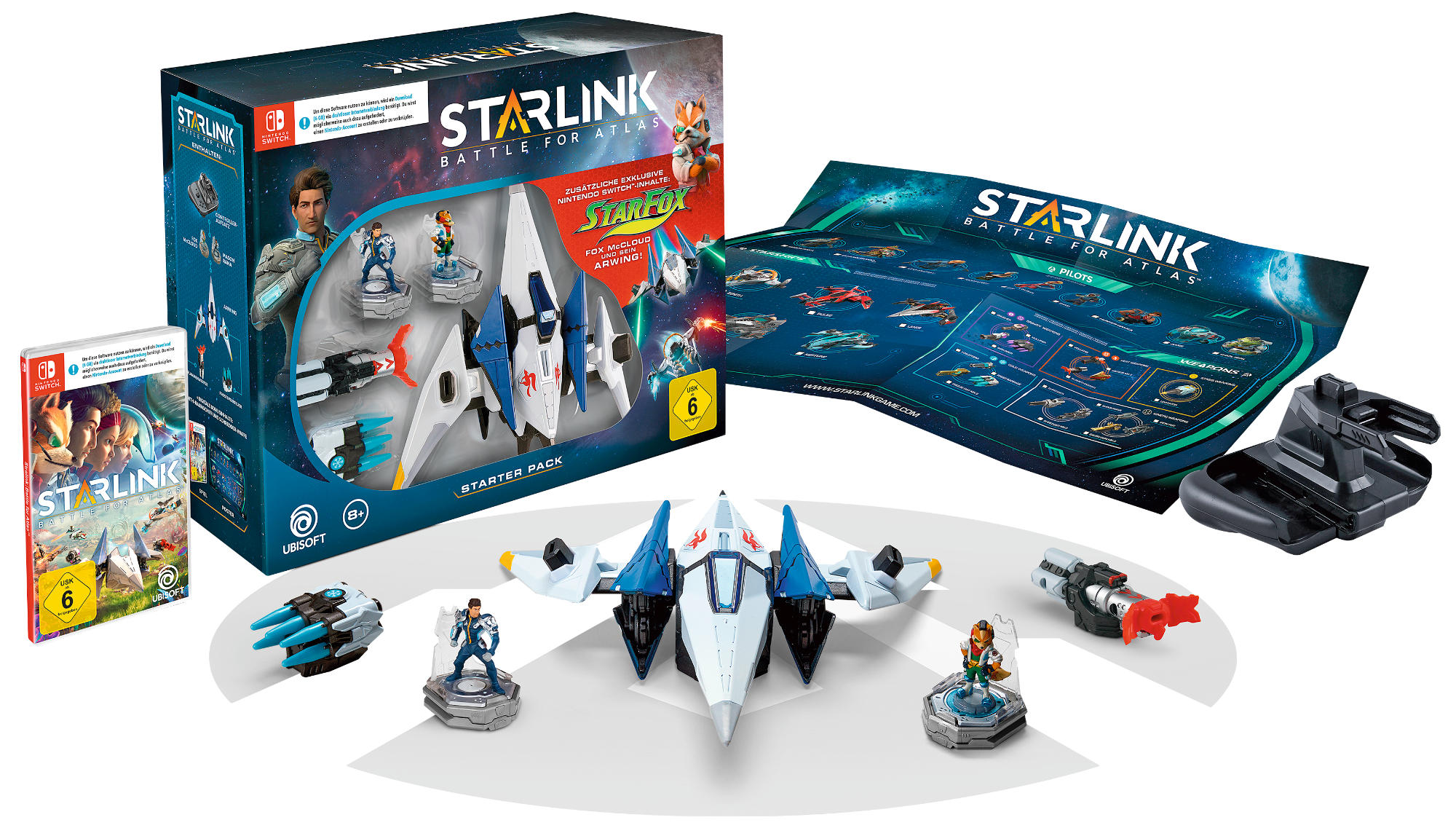 Starlink Battle for Atlas Spieleset, mit Spiel, Schiffen, Figuren und einer Karte.