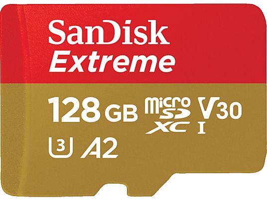 SANDISK Extreme® 160MB/S A2+AD - Micro-SDXC-Speicherkarte  (128 GB, 160 MB/s, Rot/Gold)
