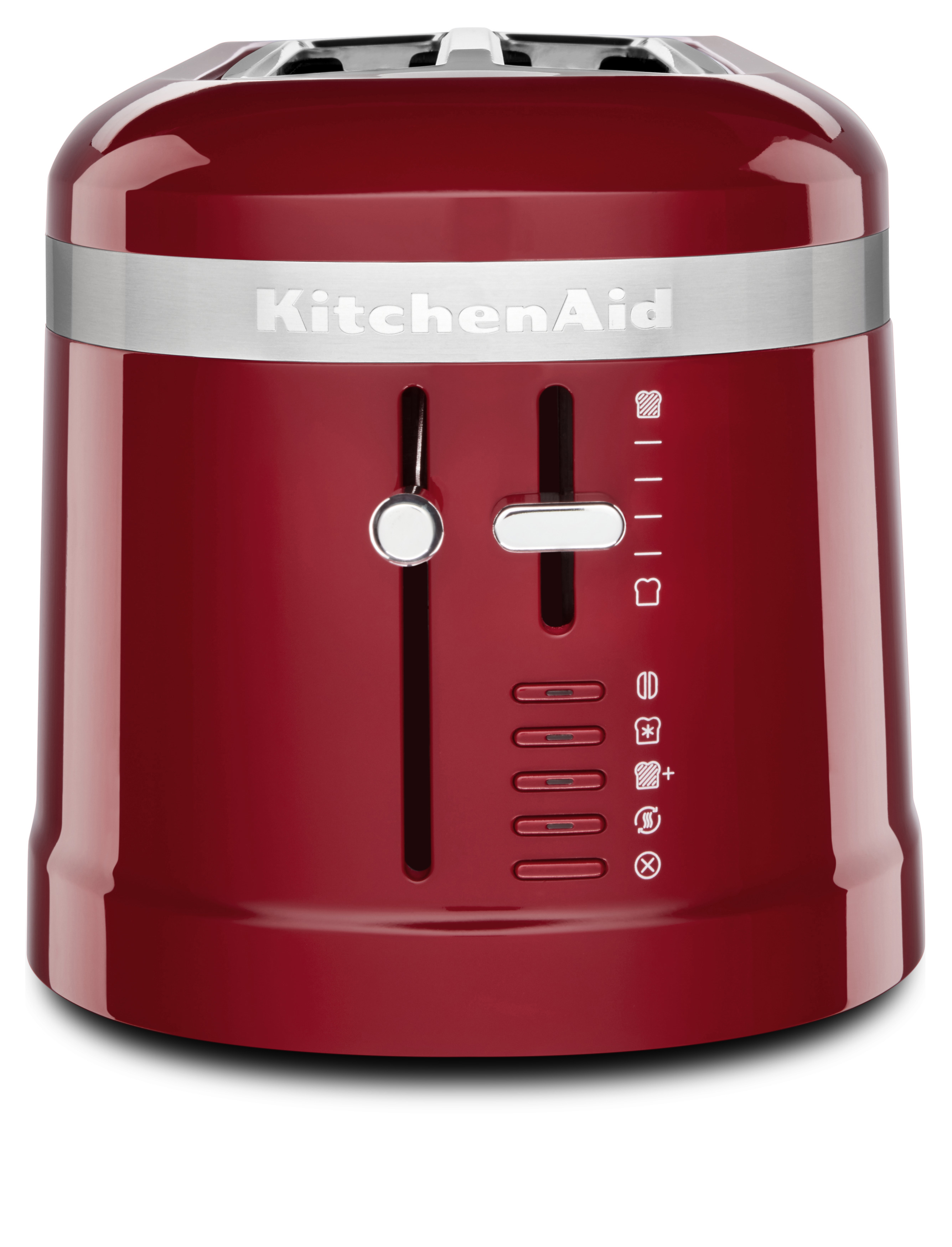 Roter KitchenAid Toaster. Chromband mit KitchenAid-Text. Bedienelemente: Hebel, Schlitze und Einstellungen.