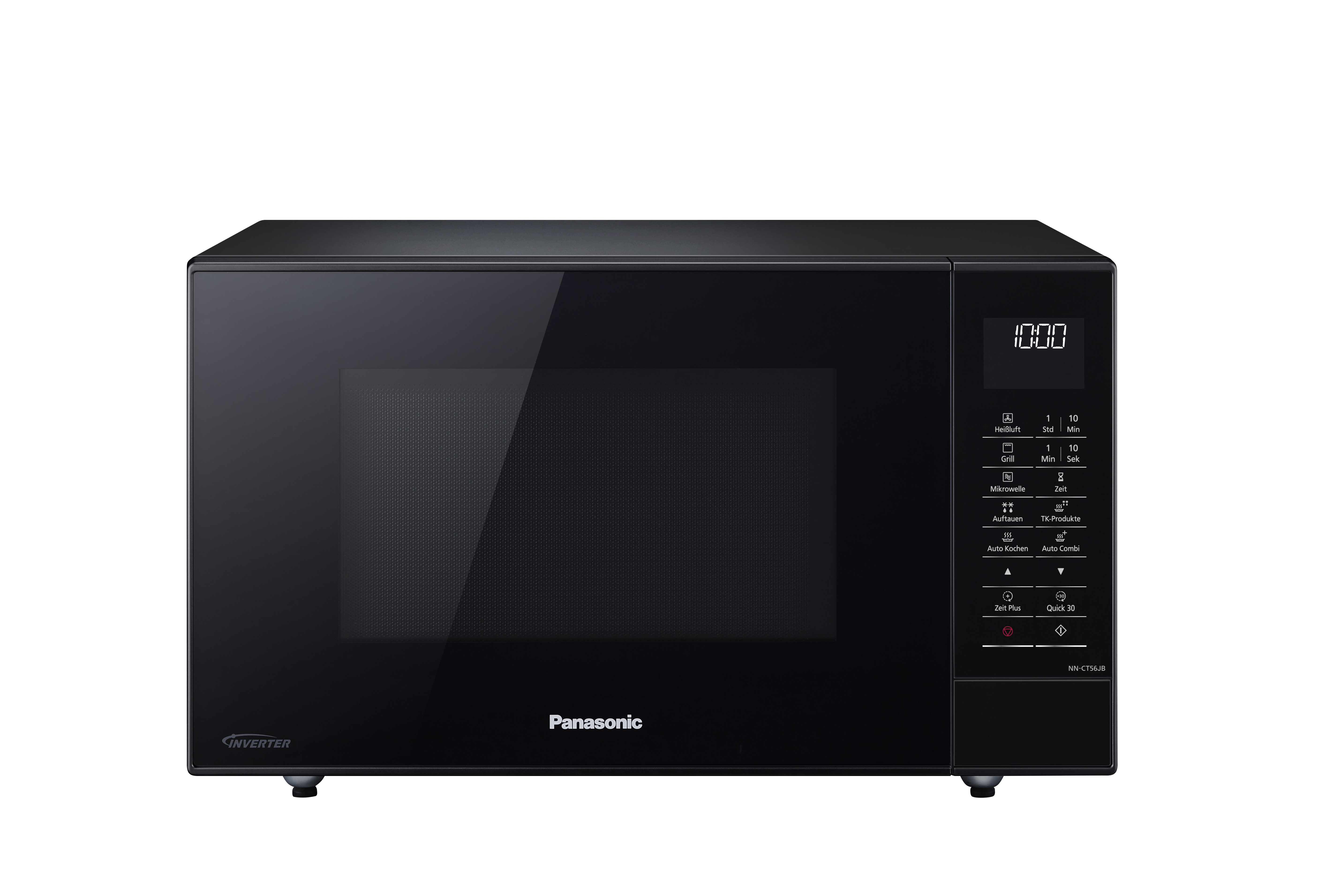 Schwarze Panasonic Mikrowelle. Digitalanzeige zeigt die Zeit. Bedienfeld auf der rechten Seite des Geräts.
