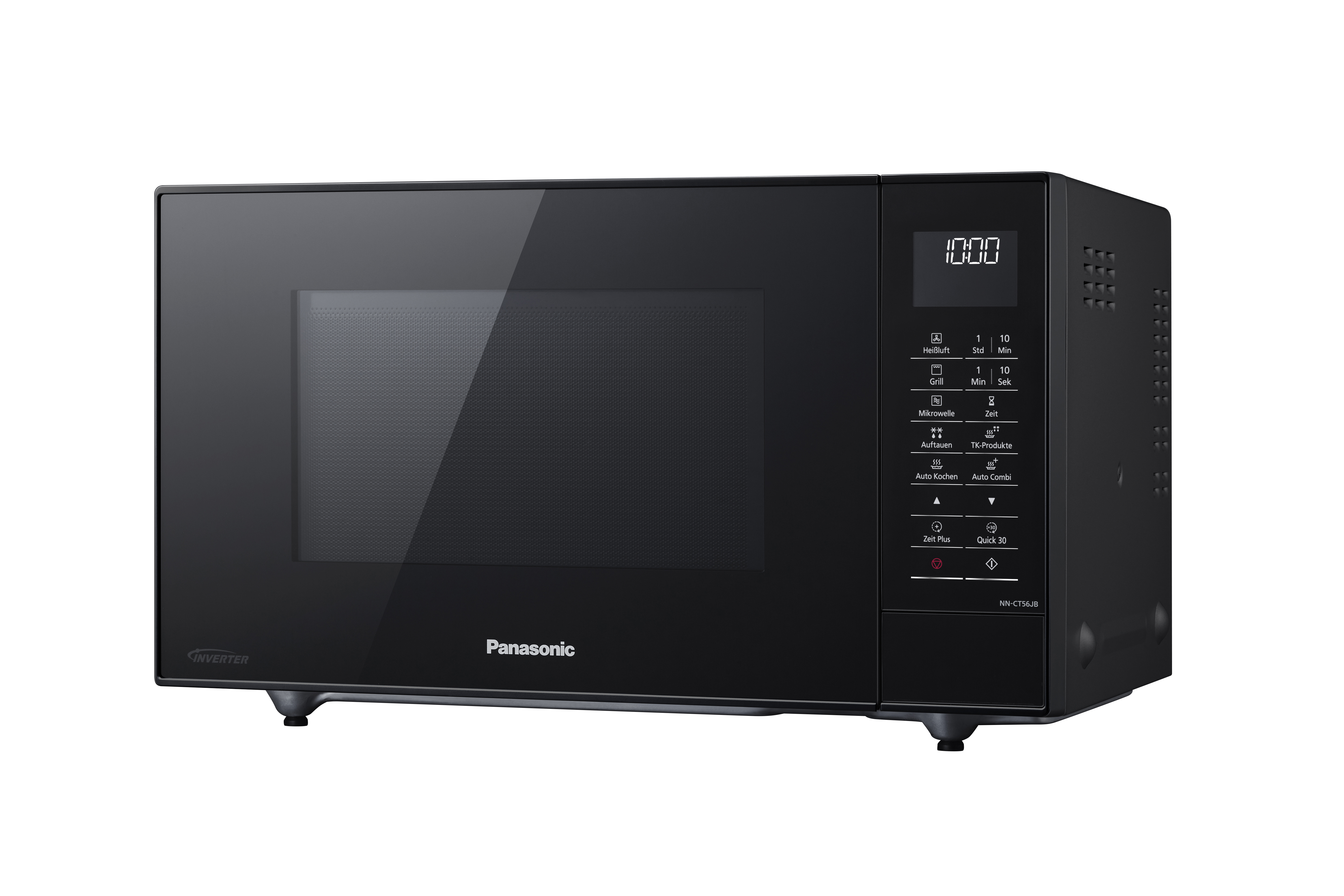 Ein schwarzer Panasonic Mikrowellenherd auf weißem Hintergrund.