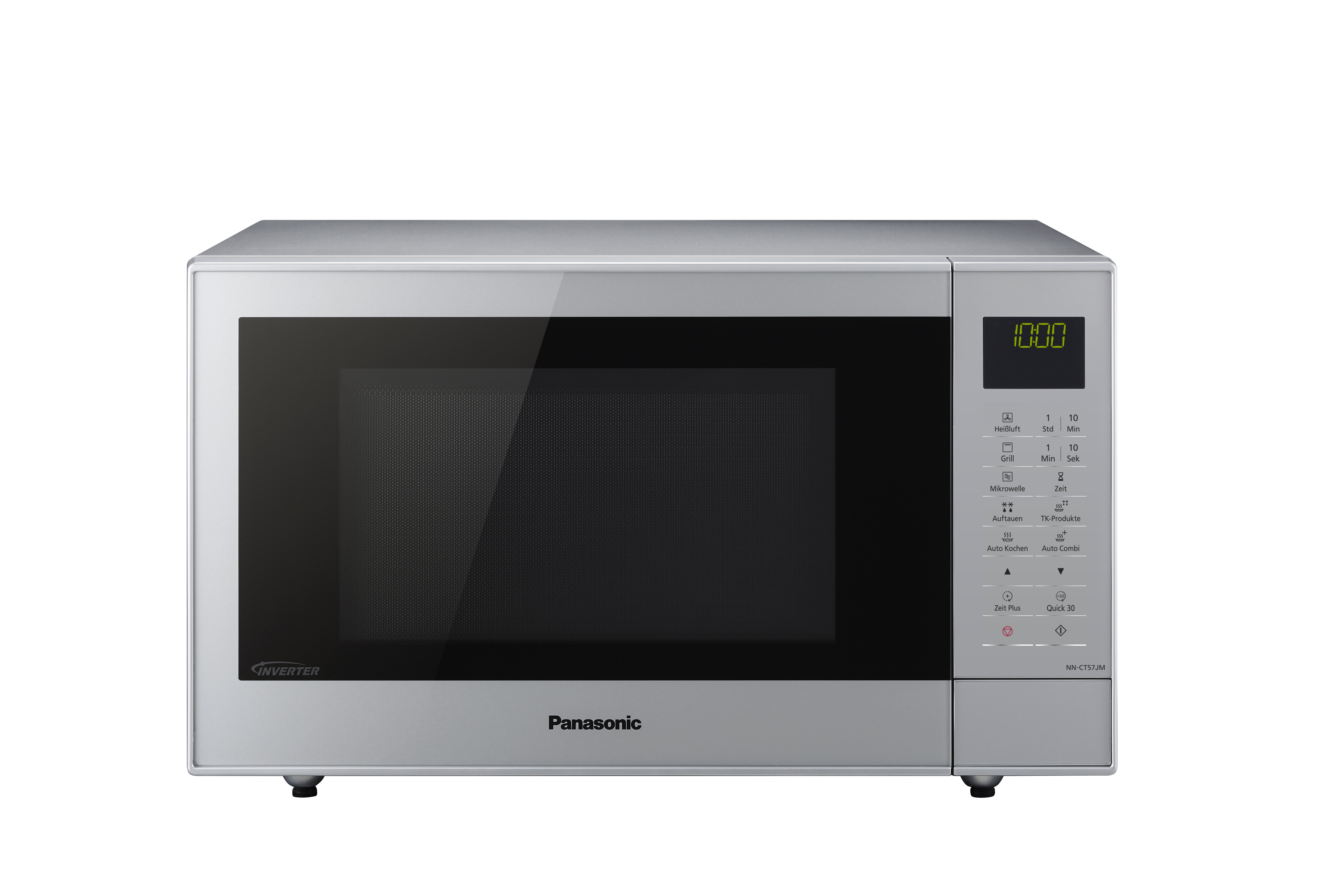 Silberner Panasonic Mikrowellenherd. Er hat ein digitales Display und ein Bedienfeld.
