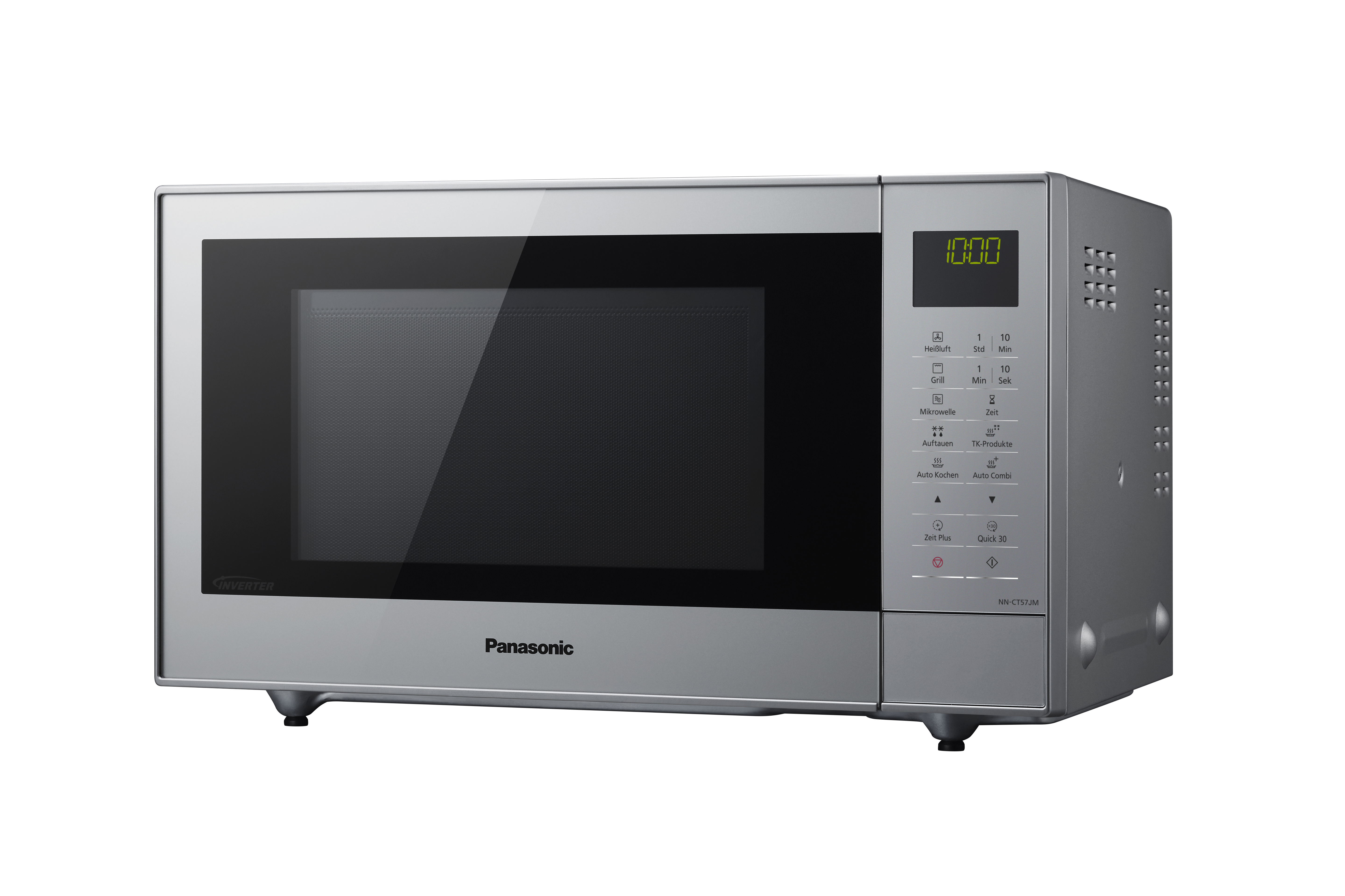 Silberner Panasonic Mikrowellenherd. Er hat ein digitales Display und Bedientasten. Weißer Hintergrund.