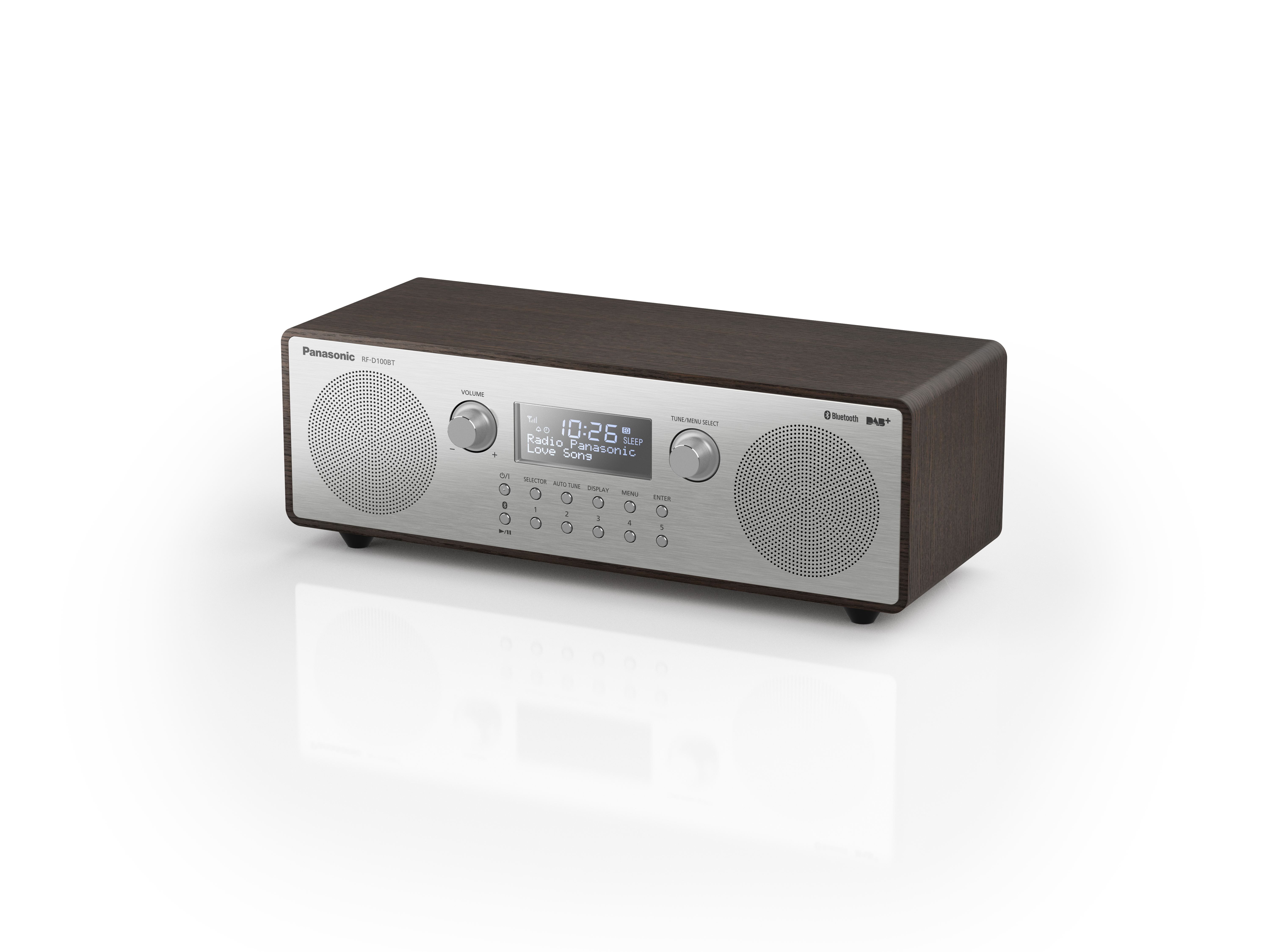 Ein braunes und silbernes Panasonic-Radio mit Digitalanzeige und mehreren Knöpfen.