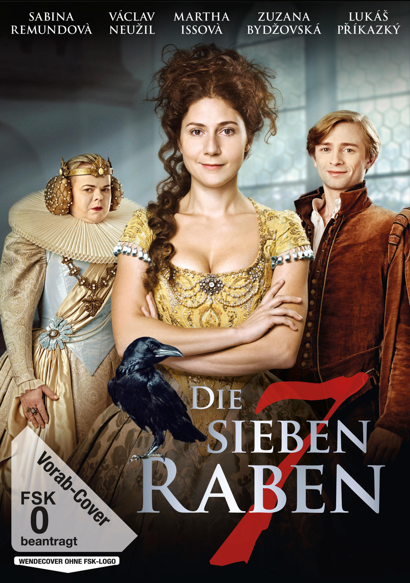 Filmposter: Frau in goldenem Kleid, Rabe und zwei weitere Personen. Titel: Die Sieben Raben.