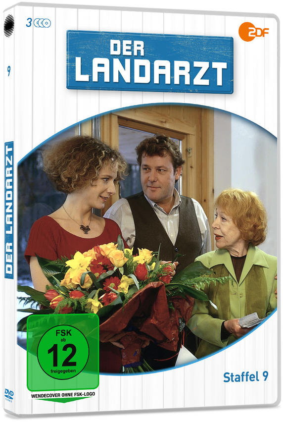 DVD-Hülle für die Serie „Der Landarzt“. Mit drei Personen und einem Blumenstrauß auf dem Cover.
