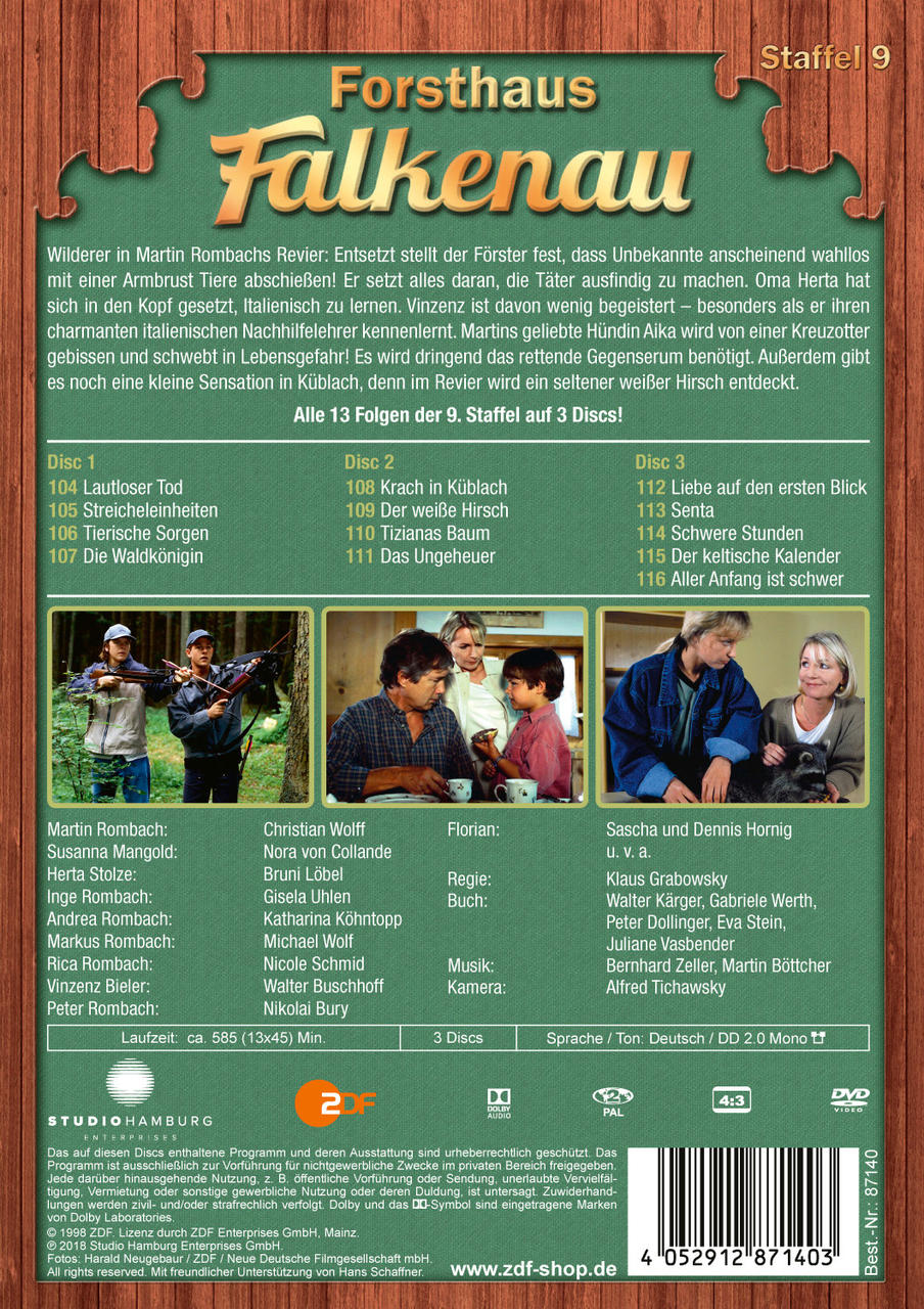 DVD-Cover für 'Forsthaus Falkenau', Staffel 9. Zeigt Darsteller und Episodentitel.