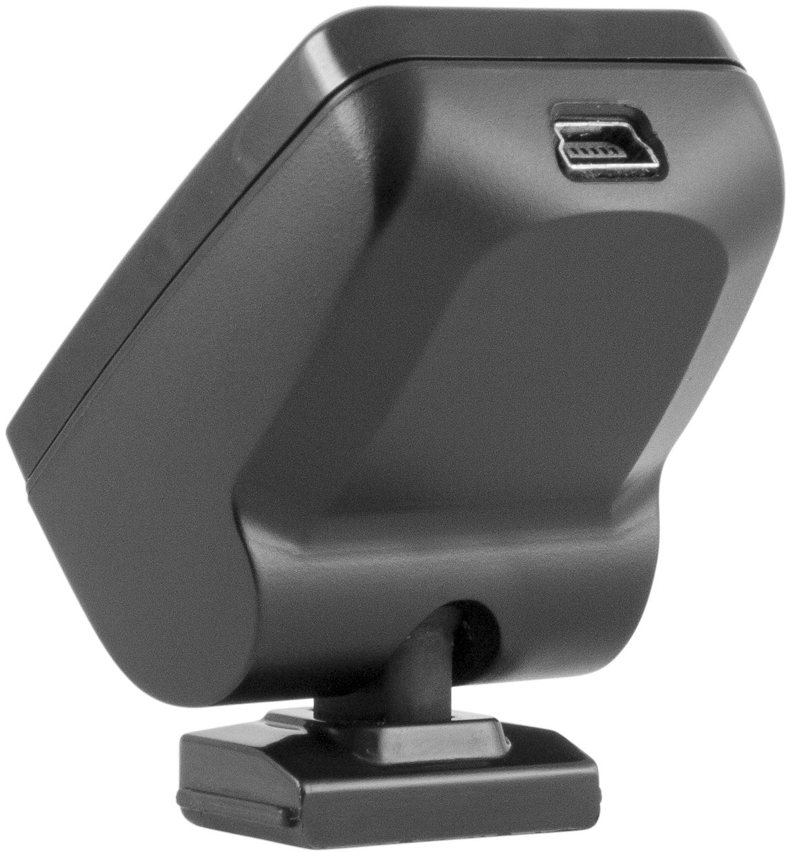 Egy fekete eszköz közeli képe USB porttal a tetején, fekete talpra szerelve.