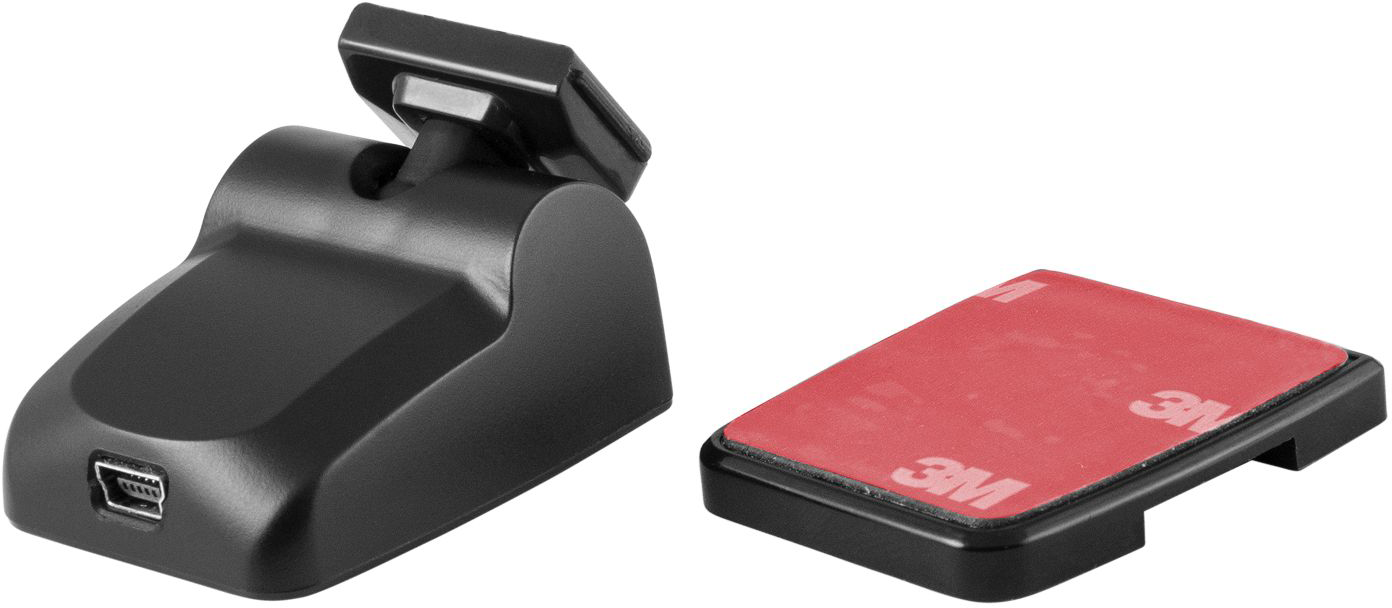 Fekete fedélzeti kamera tartó USB porttal és külön ragasztó párnával.