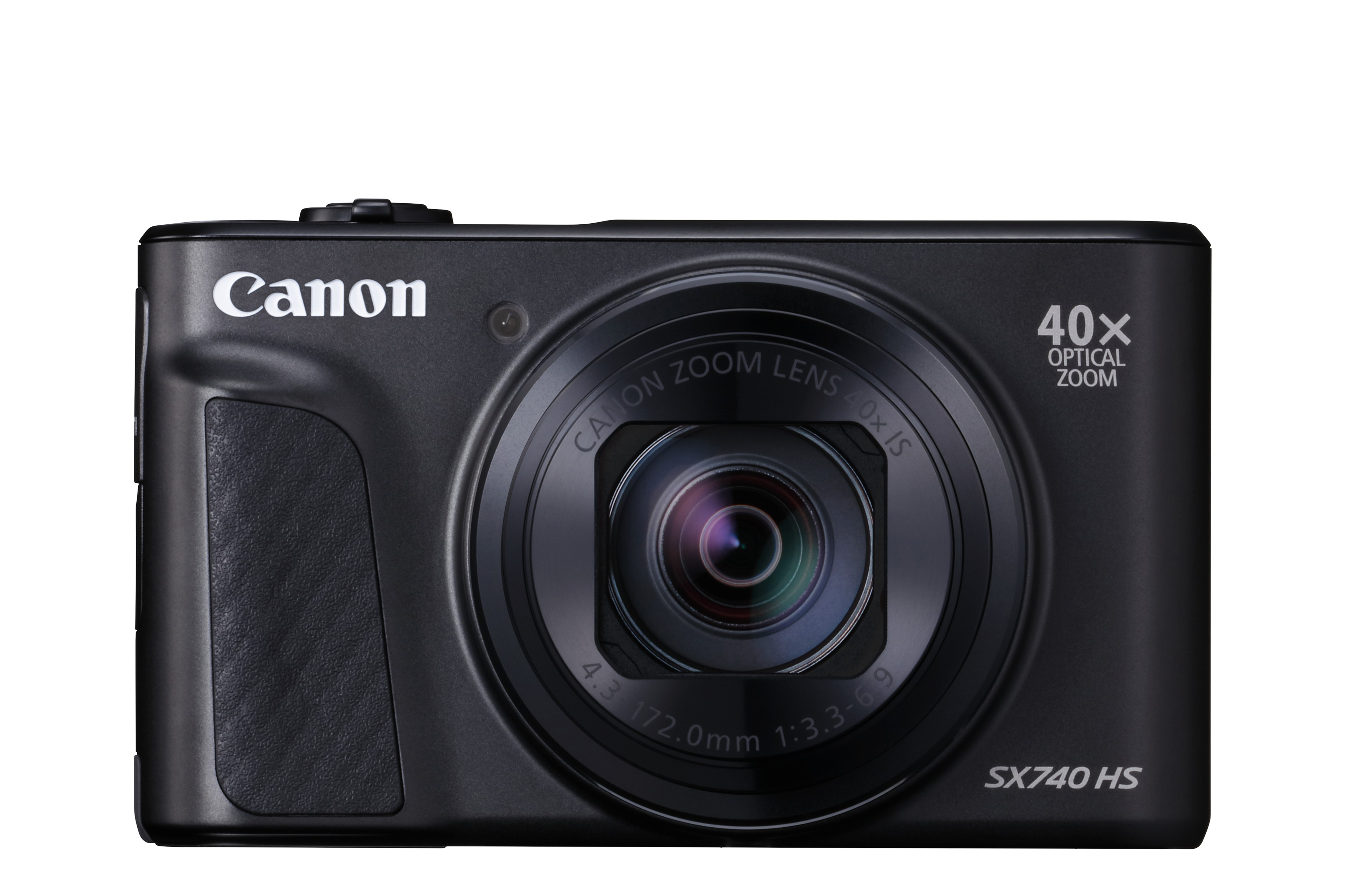 Schwarze Canon-Kamera. Sie hat ein Objektiv, das Canon-Logo und einen 40-fachen optischen Zoom.