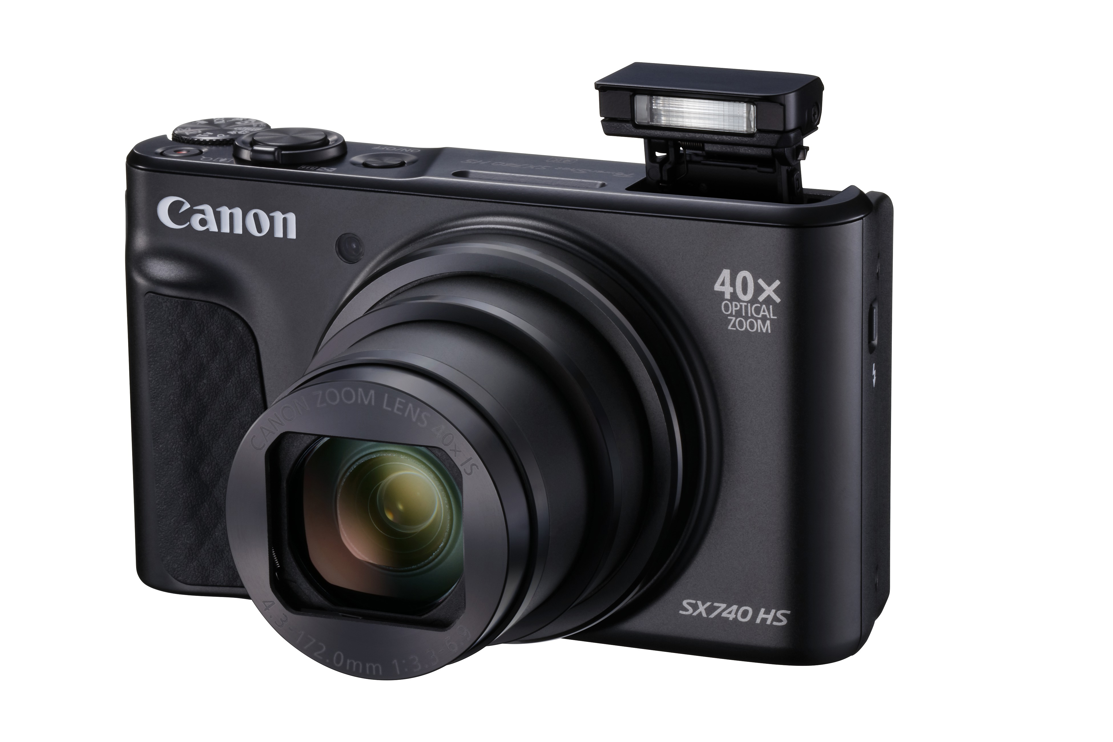 Eine schwarze Canon-Kamera mit Objektiv und Blitz auf weißem Hintergrund.