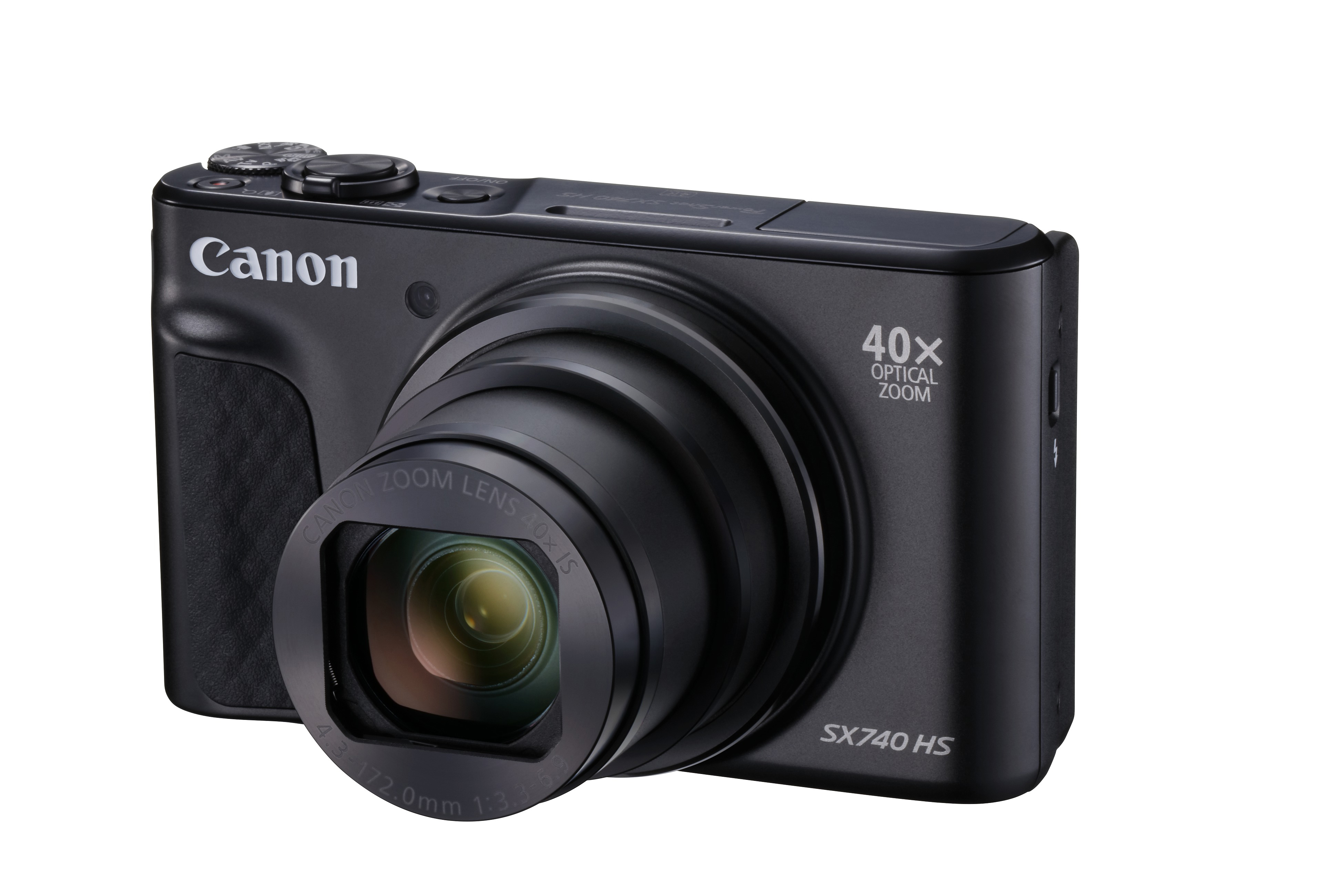 Schwarze Canon Kamera mit Objektiv und Markennamen.