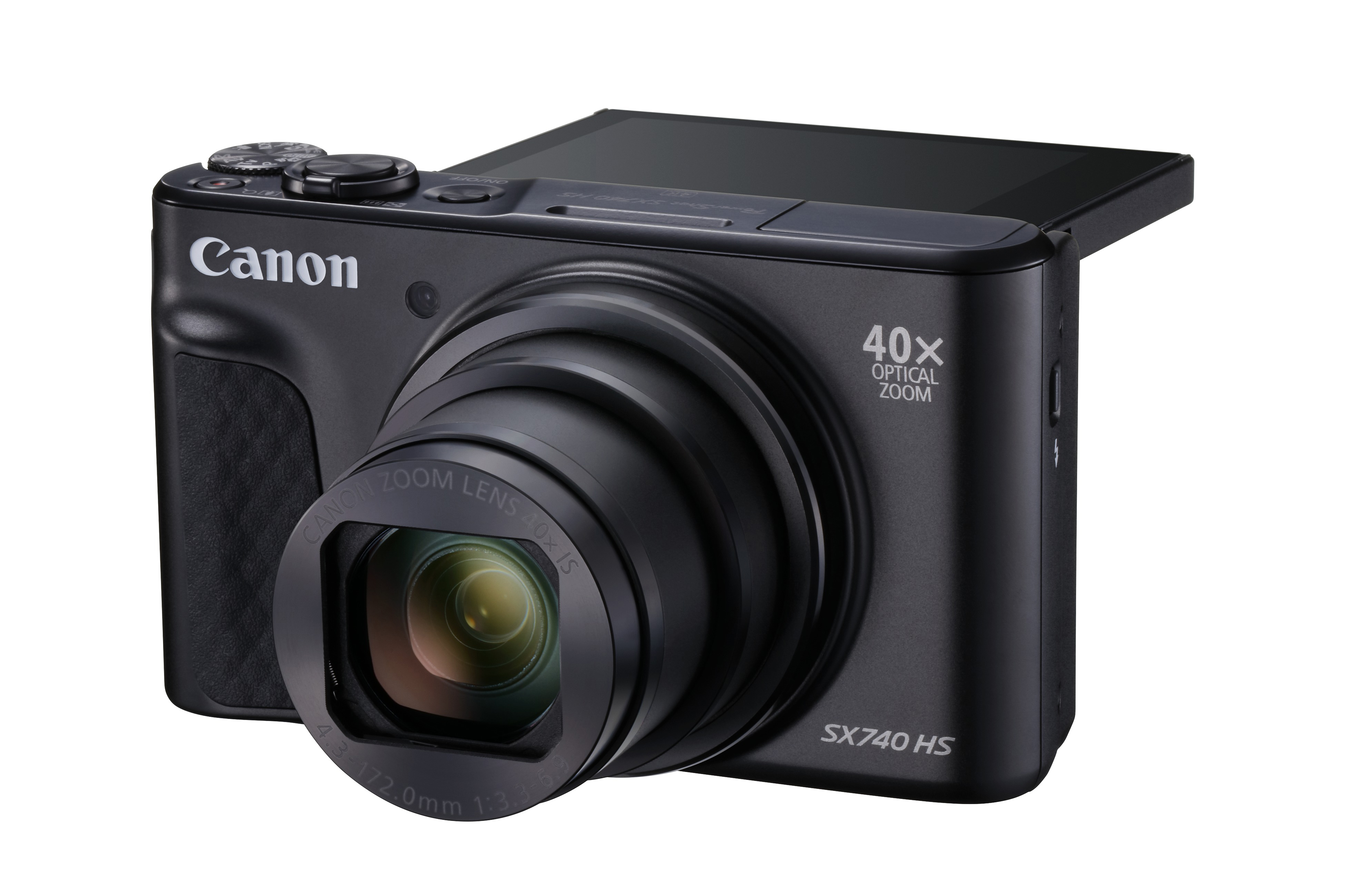 Schwarze Canon Kamera mit Objektiv, Bildschirm und 40x optischem Zoom.