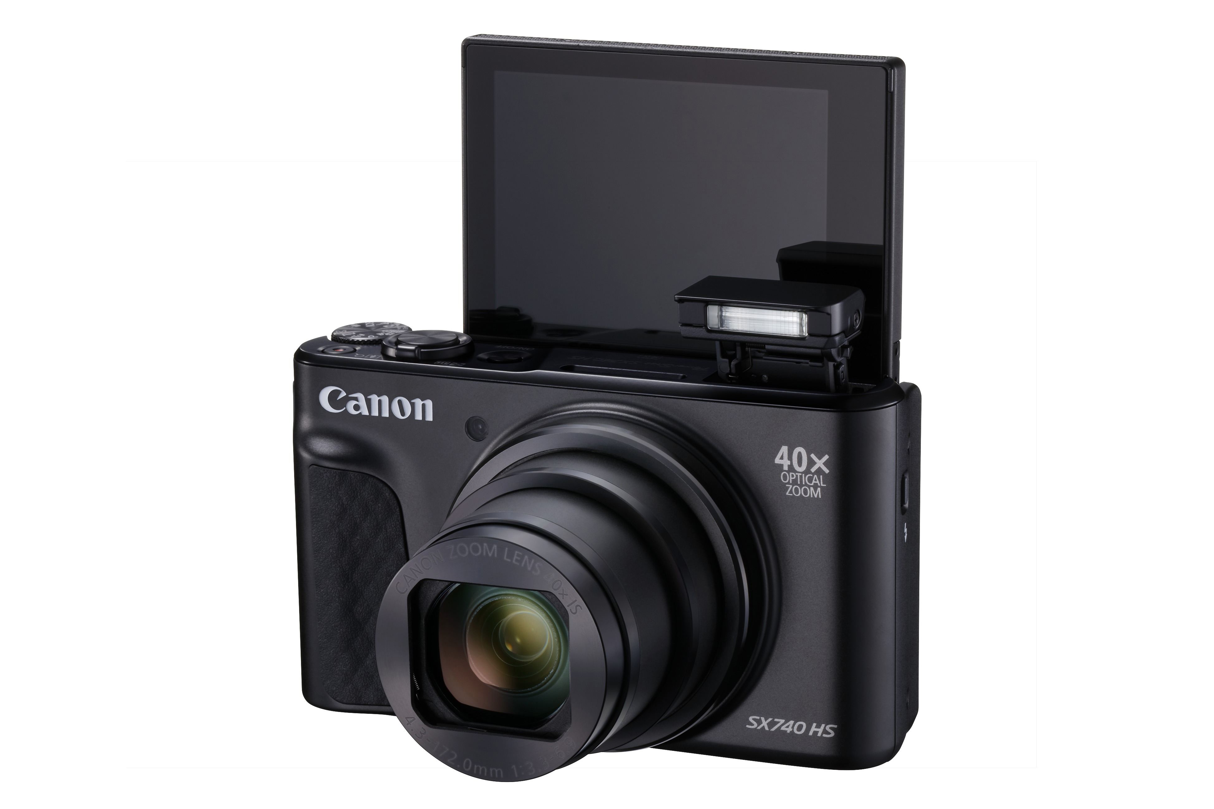 Eine schwarze Canon-Kamera mit Objektiv, Bildschirm und Blitz, auf weißem Hintergrund. Der Bildschirm ist offen.