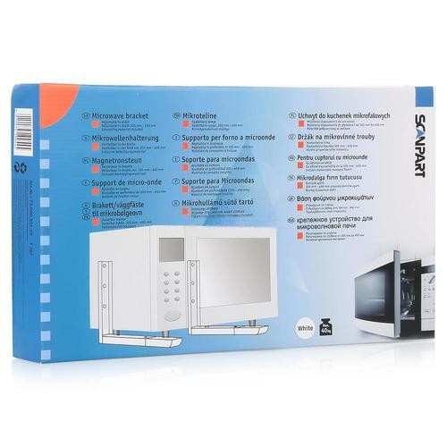 La parte trasera de una caja de soporte para microondas que muestra un microondas blanco y varias etiquetas de idioma.