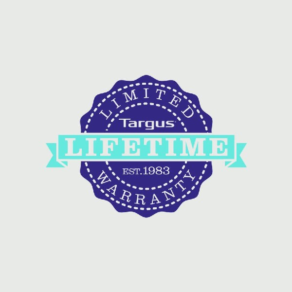 Logotipo de Targus con un sello de 'GARANTÍA LIMITADA DE POR VIDA'.
