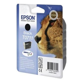 Embalaje del cartucho de tinta negro Epson T0711, con gráfico de guepardo y detalles del producto.
